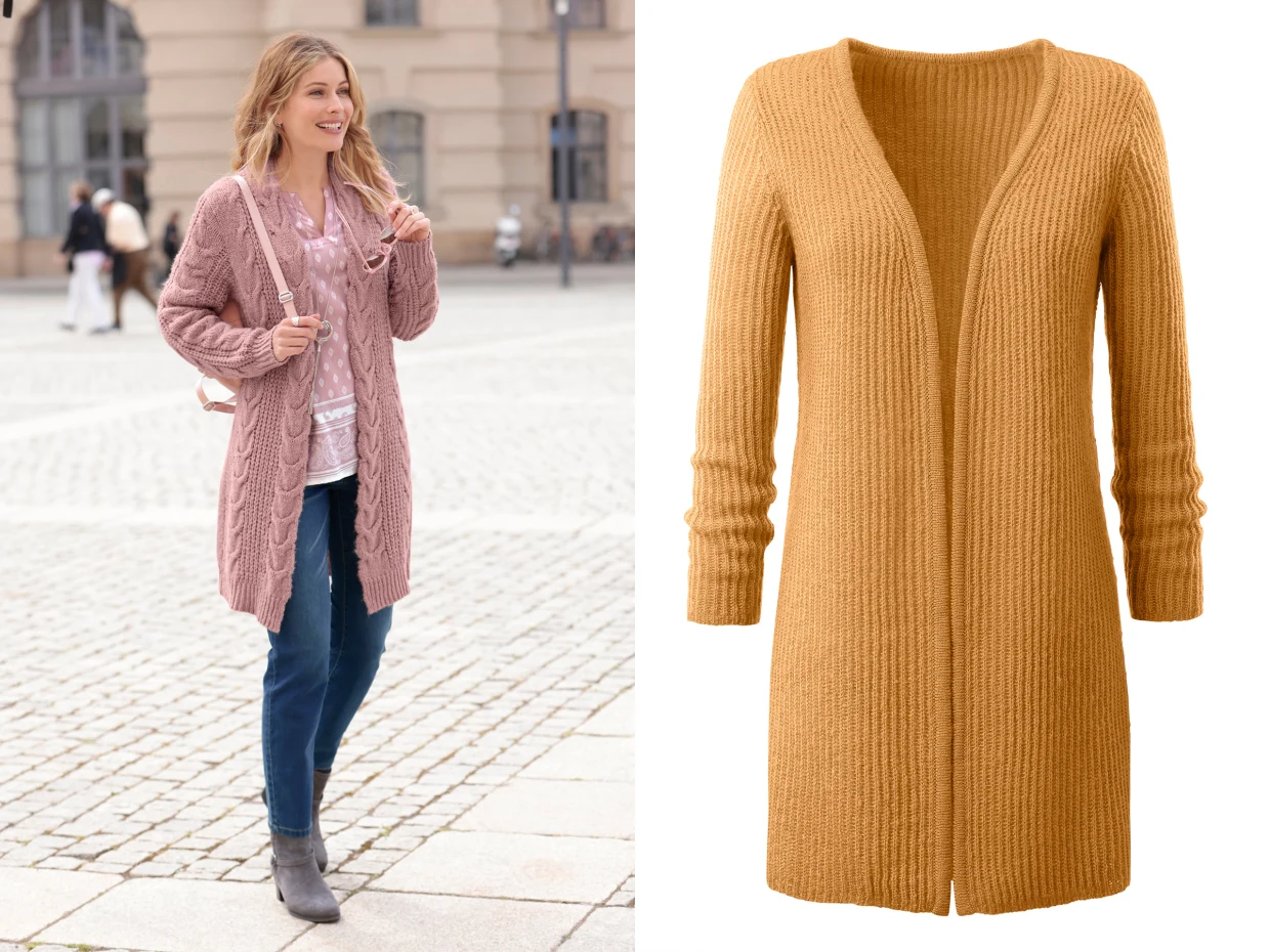 Zwei Strick-Cardigans im Vergleich: links ein rosafarbener Cardigan mit Zopfmuster, getragen mit Jeans und Stiefeletten; rechts ein senfgelber Cardigan mit schlichtem Strickmuster, freigestellt vor weißem Hintergrund.