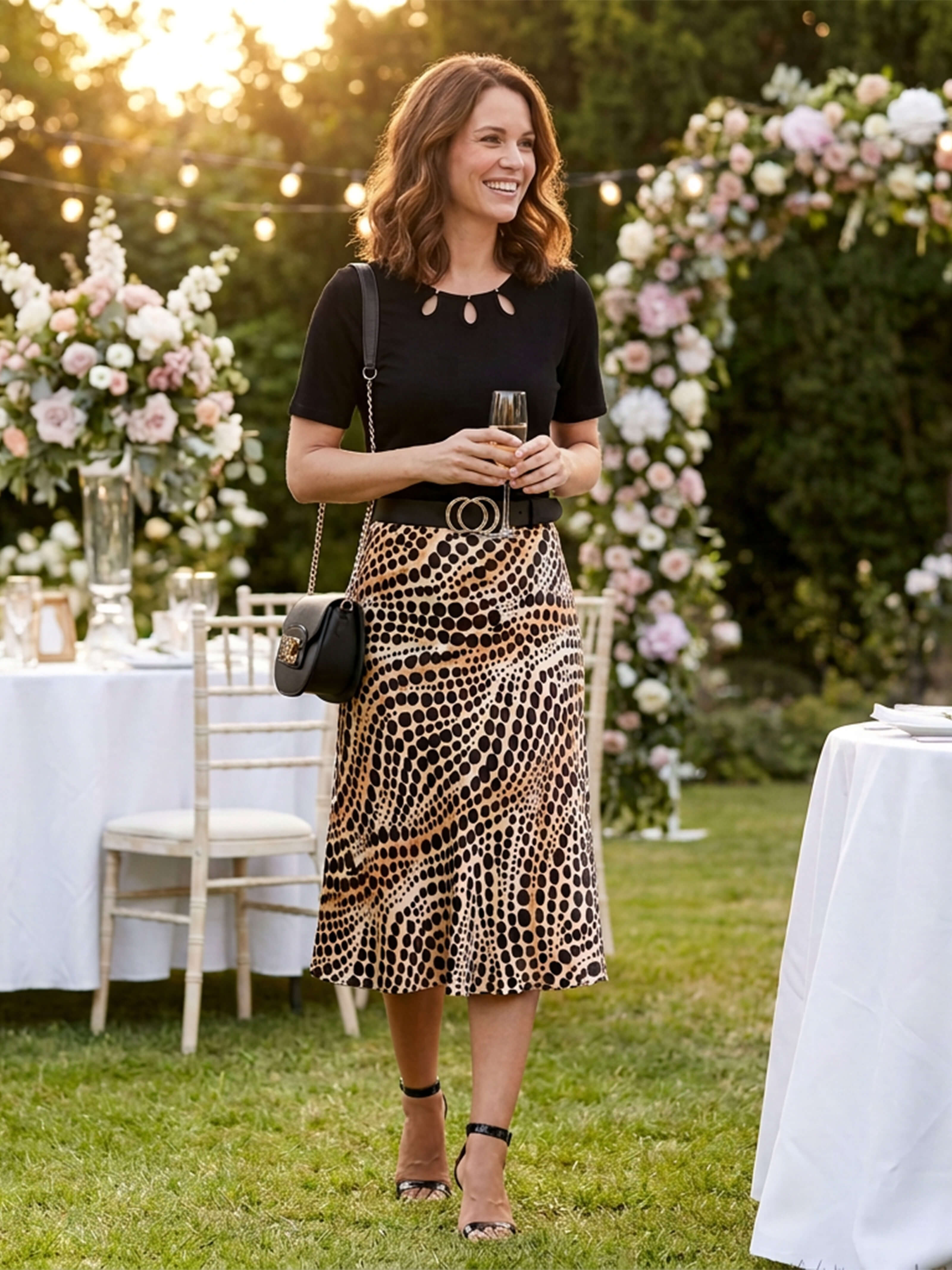Een model met bruin haar draagt een zwart topje en een gemêleerde midirok, gecombineerd met zwarte sandalen en een zwarte tas, houdt een glas champagne vast.