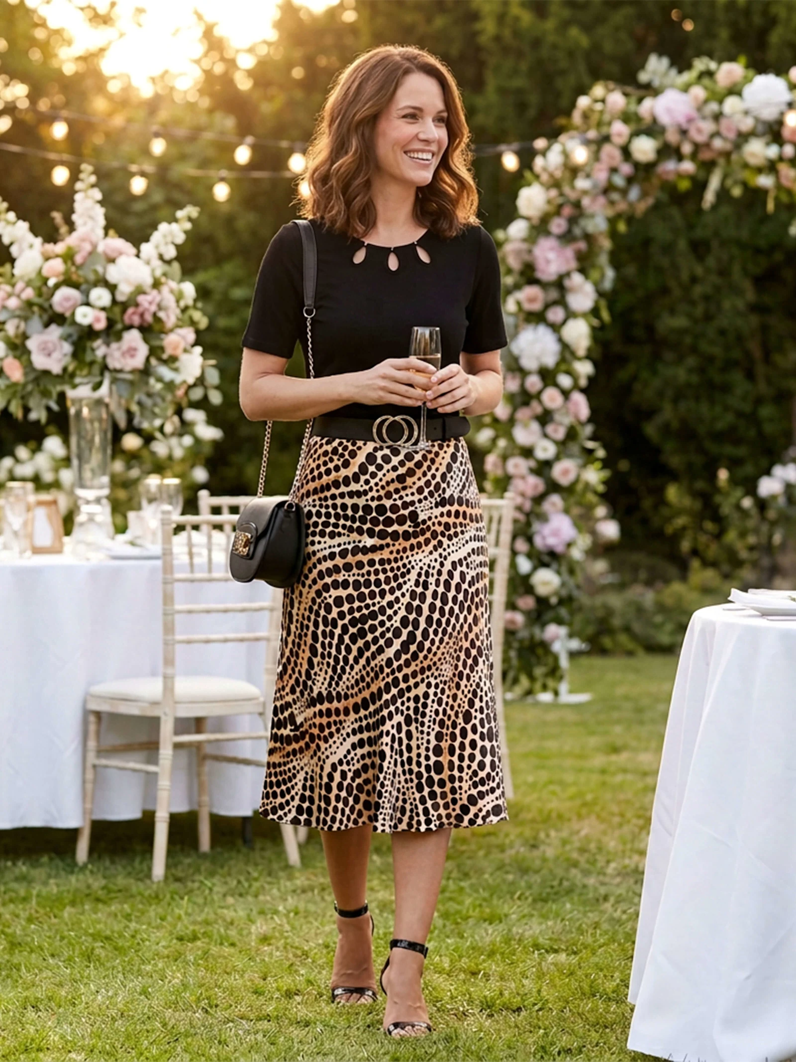 Een model met bruin haar draagt een zwart topje en een gemêleerde midirok, gecombineerd met zwarte sandalen en een zwarte tas, houdt een glas champagne vast.