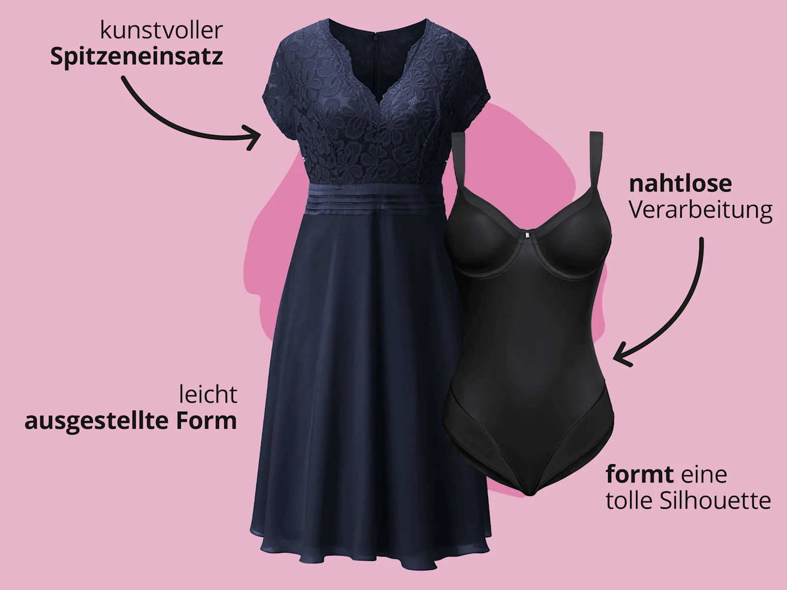 Das Bild zeigt ein marinefarbenes Kleid und einen schwarzen Body vor rosa Hintergrund mit schwarzem Text. Text zum Kleid: 'kunstvoller Spitzeneinsatz' 'leicht ausgestellte Form'. Text zum Body: 'nahtlose Verarbeitung' 'formt eine tolle Silhouette'. Das Bild zeigt ein marinefarbenes Kleid und einen schwarzen Body vor rosa Hintergrund mit schwarzem Text. Text zum Kleid: 'kunstvoller Spitzeneinsatz' 'leicht ausgestellte Form'. Text zum Body: 'nahtlose Verarbeitung' 'formt eine tolle Silhouette'.