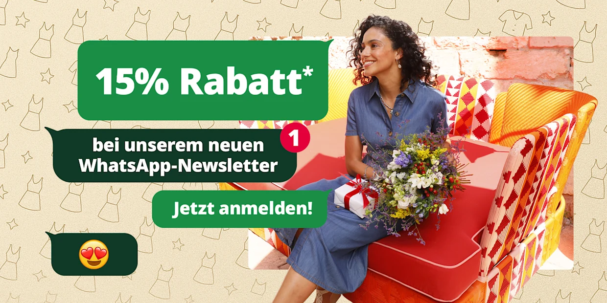 Frau mit Blumenstrauß sitzt auf bunter Bank. Text in Chatblasen: '15 % Rabatt* bei unserem neuen WhatsApp-Newsletter. Jetzt anmelden!' Frau mit Blumenstrauß sitzt auf bunter Bank. Text in Chatblasen: '15 % Rabatt* bei unserem neuen WhatsApp-Newsletter. Jetzt anmelden!'