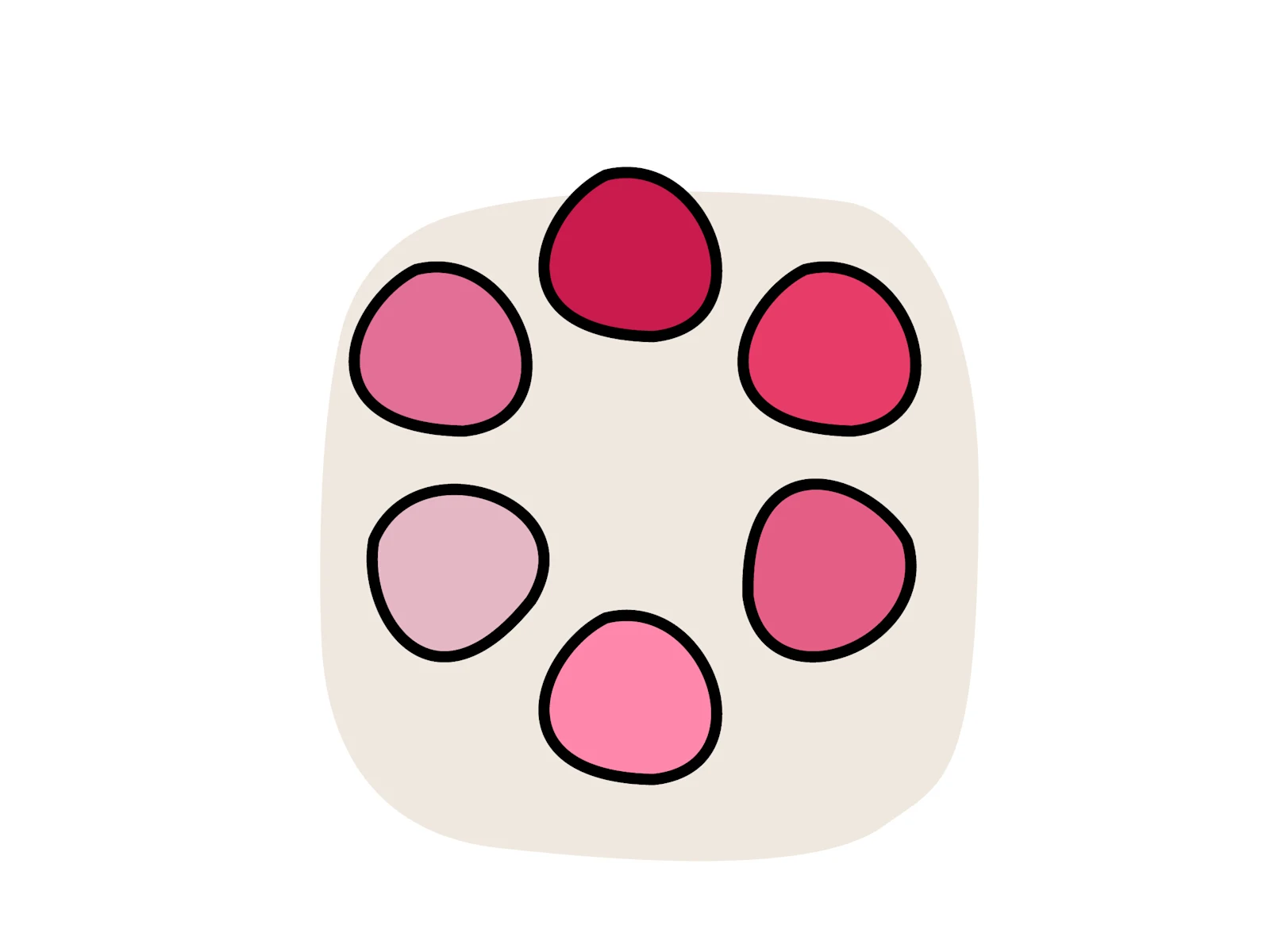 Eine Illustration, die fünf stilisierte, kreisförmige Punkte in verschiedenen Rosa- und Rottönen zeigt, die in einer kreisförmigen Anordnung auf einem hellen Hintergrund angeordnet sind.