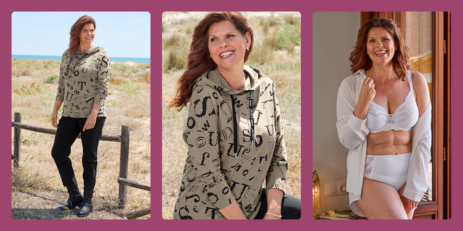 Drei Bilder zeigen dieselbe Frau mit rotbraunem Haar. Im ersten Bild steht sie lächelnd an einem Strandweg und trägt ein khakifarbenes Kapuzenoberteil mit schwarzen Buchstabenmustern, schwarze Hosen und schwarze Stiefel. Im zweiten Bild ist sie in einer Nahaufnahme im Freien zu sehen, lächelnd und das gleiche khakifarbene Oberteil tragend. Im dritten Bild lacht sie, trägt einen weißen Spitzen-BH, weiße Slips und ein offenes weißes Hemd, während sie in einem Innenraum steht.