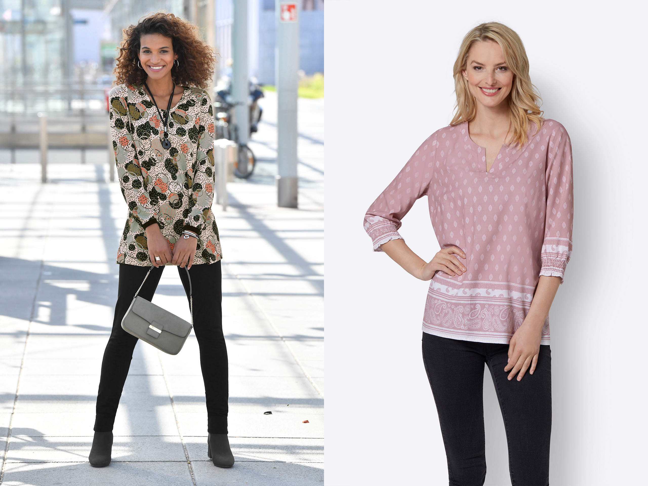 Zwei Frauen präsentieren modische Tuniken: links ein florales Muster in Beige, Grün und Rosa, kombiniert mit schwarzer Hose und grauer Tasche; rechts eine rosa Tunika mit weißem Paisley-Muster, getragen mit schwarzer Hose.