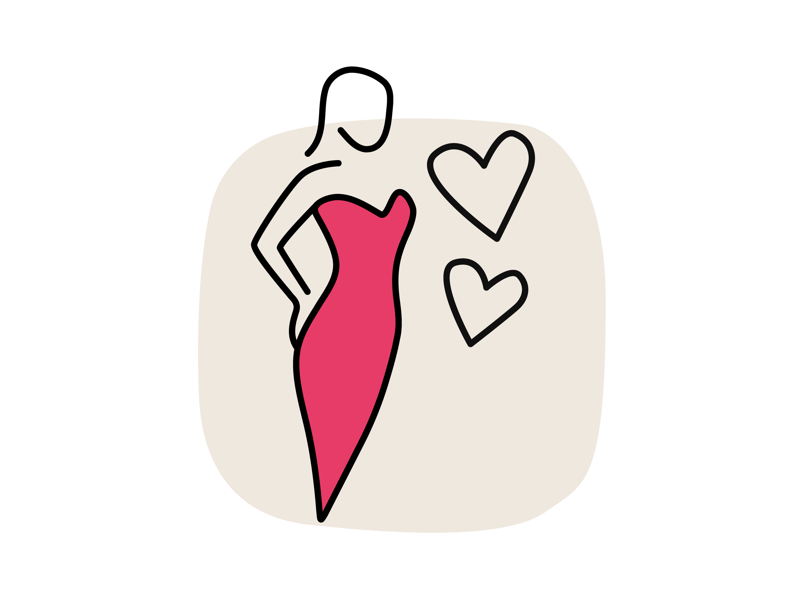 Minimalistische Linienzeichnung einer Frau im pinken Kleid, die eine Hand in die Hüfte stemmt. Daneben schweben zwei Herz-Symbole.