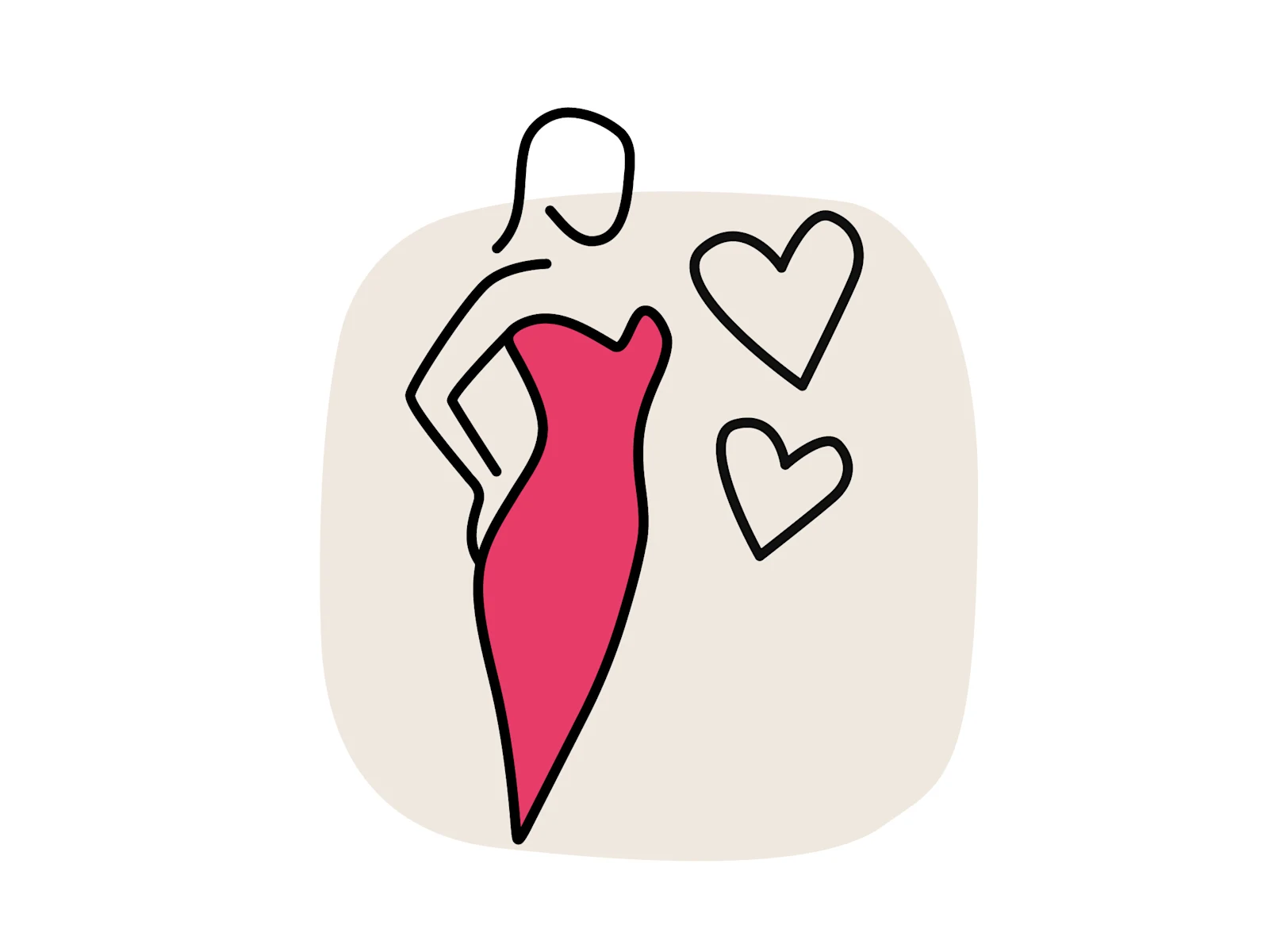 Minimalistische Linienzeichnung einer Frau im pinken Kleid, die eine Hand in die Hüfte stemmt. Daneben schweben zwei Herz-Symbole.
