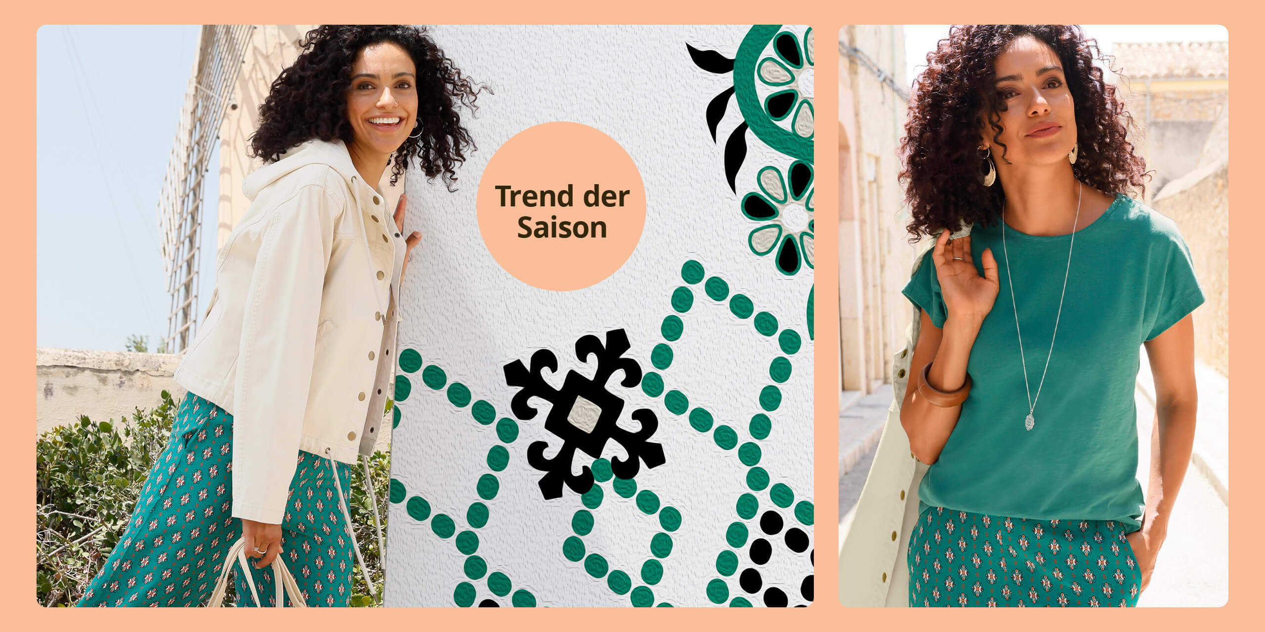 Das Bild zeigt zwei Models, abgetrennt durch einen orangen Rahmen. Das Model auf der linken Seite trägt eine cremefarbene Jacke und eine grün gemusterte Hose, daneben ein oranger Kreis mit Text 'Trend der Saison'. Das Model auf der rechten Seite trägt ein grünes T-Shirt und eine grün gemusterte Hose.