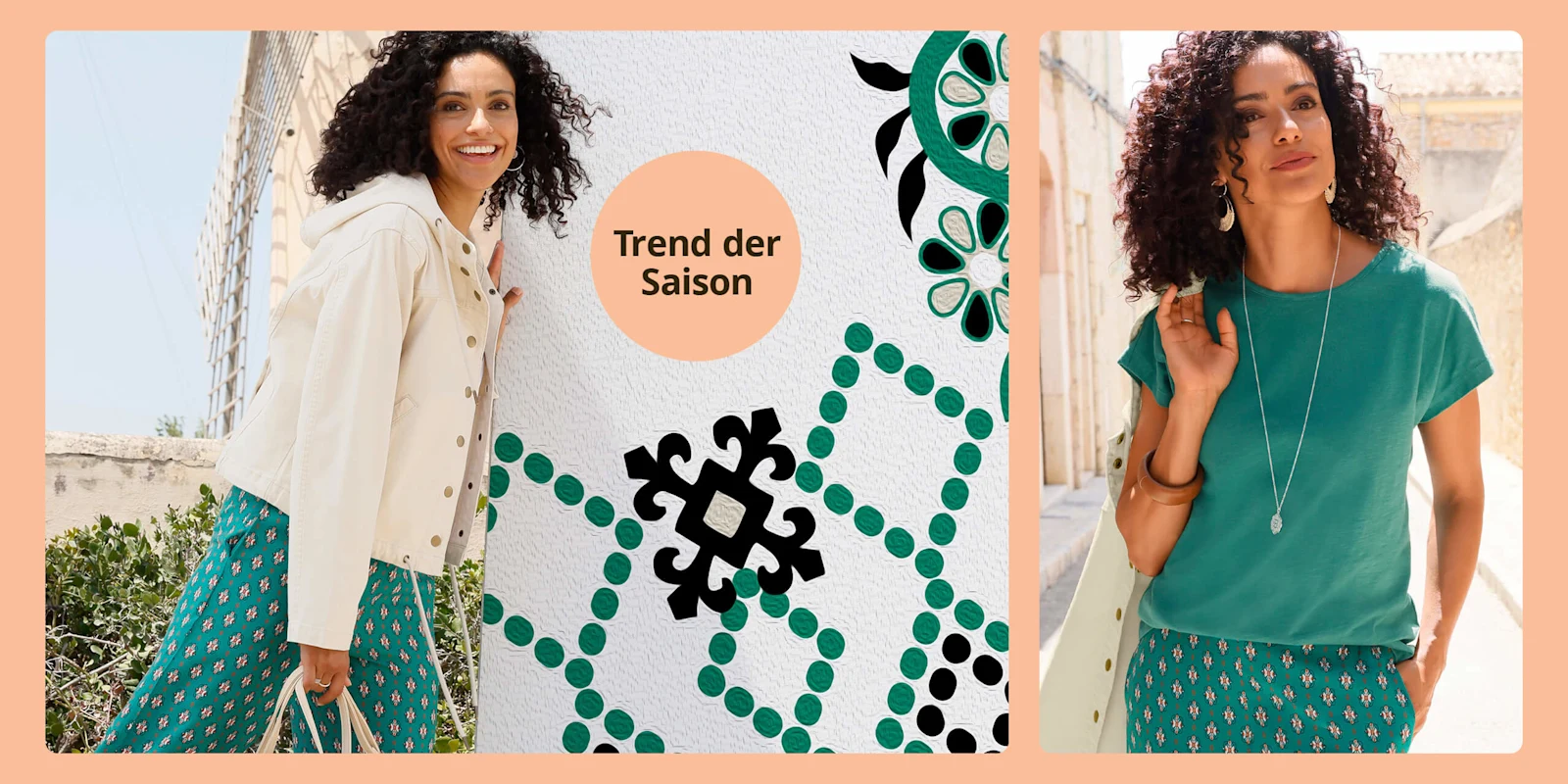Das Bild zeigt zwei Models, abgetrennt durch einen orangen Rahmen. Das Model auf der linken Seite trägt eine cremefarbene Jacke und eine grün gemusterte Hose, daneben ein oranger Kreis mit Text 'Trend der Saison'. Das Model auf der rechten Seite trägt ein grünes T-Shirt und eine grün gemusterte Hose.