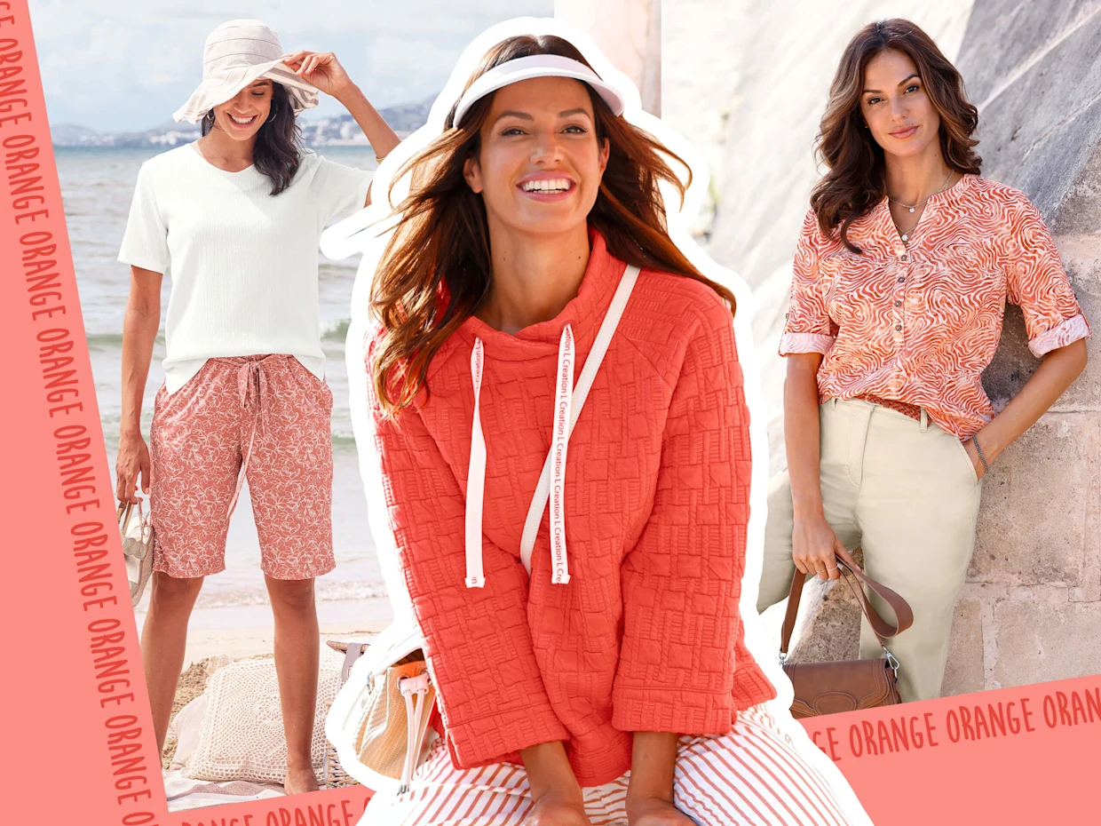 Collage mit drei Models: Das Model auf der linken Seite trägt eine papaya-ecru-bedruckte Jerseyhose mit Bindegürtel, das Model in der Mitte trägt ein orangenes Stehkragenshirt und das Model auf der rechten Seite trägt eine elfenbein-papaya-bedruckte Bluse. Collage mit drei Models: Das Model auf der linken Seite trägt eine papaya-ecru-bedruckte Jerseyhose mit Bindegürtel, das Model in der Mitte trägt ein orangenes Stehkragenshirt und das Model auf der rechten Seite trägt eine elfenbein-papaya-bedruckte Bluse.