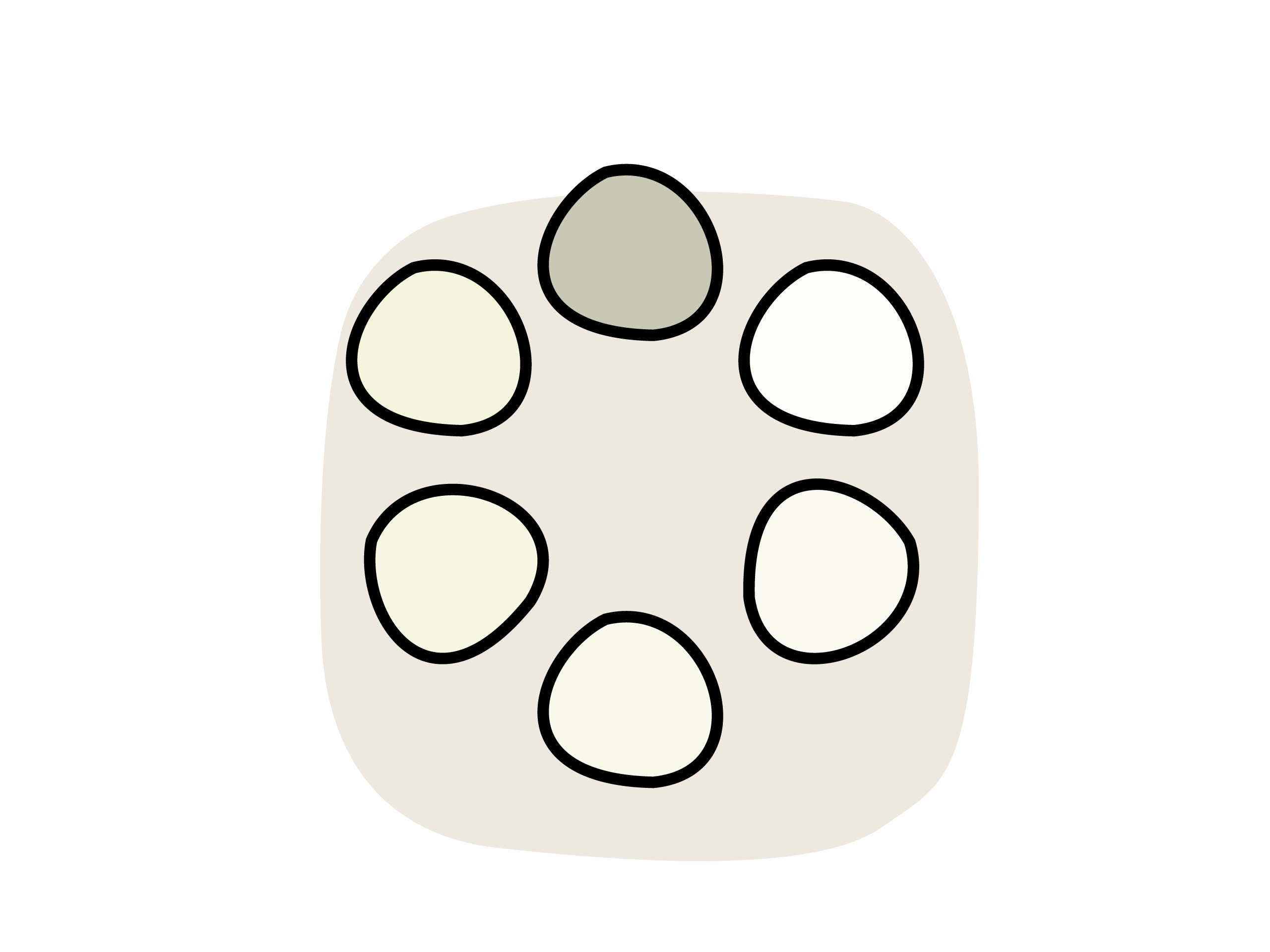 Illustration eines Farbkreises mit sechs organisch geformten Segmenten in beigen Abstufungen.