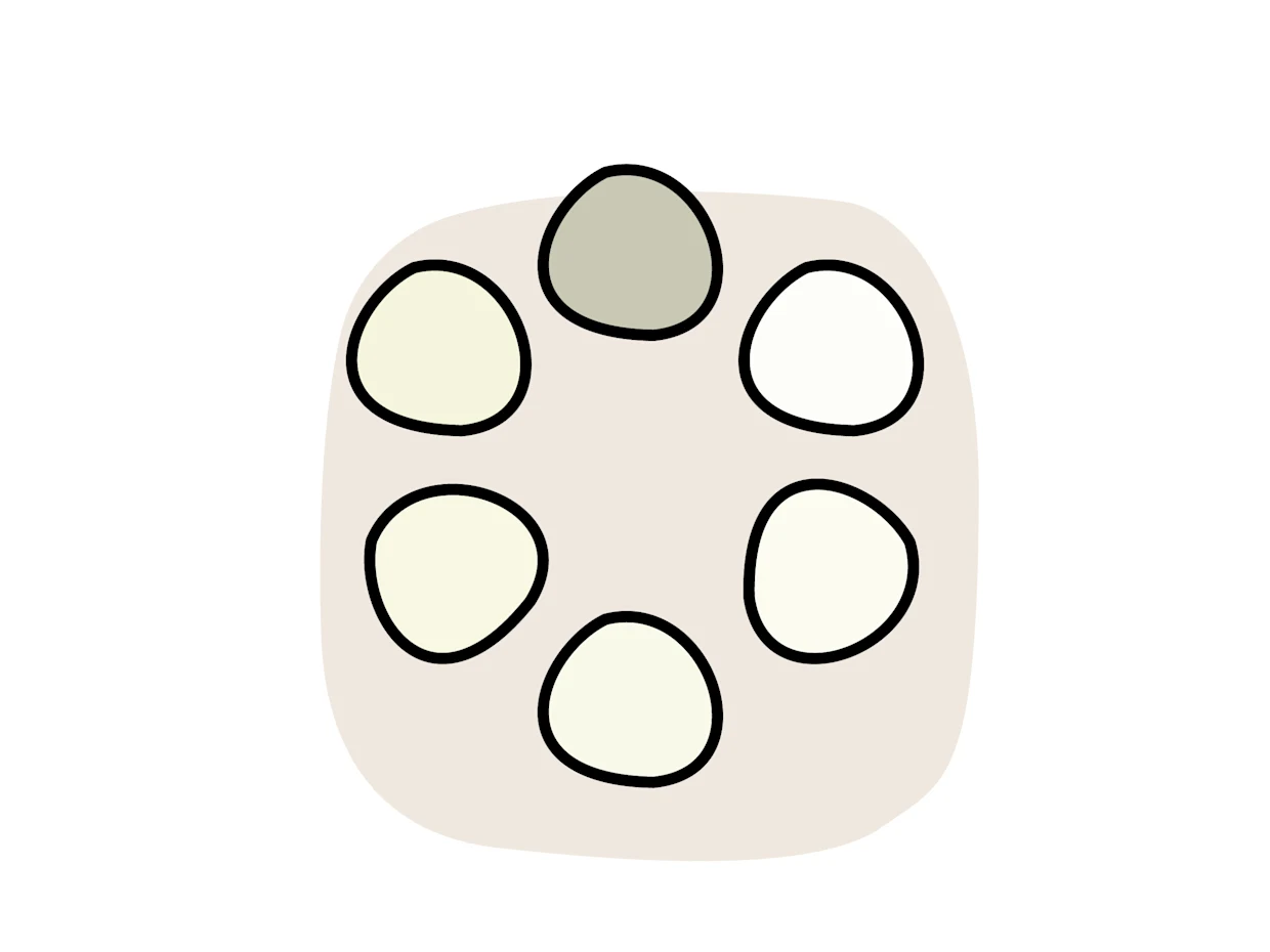 Illustration eines Farbkreises mit sechs organisch geformten Segmenten in beigen Abstufungen.