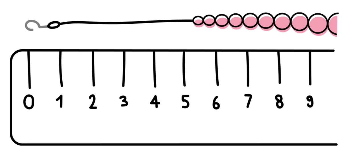 Draht mit rosa Perlen, gemessen auf einem Lineal mit Zentimeter-Markierungen von 0 bis 9. Draht mit rosa Perlen, gemessen auf einem Lineal mit Zentimeter-Markierungen von 0 bis 9.