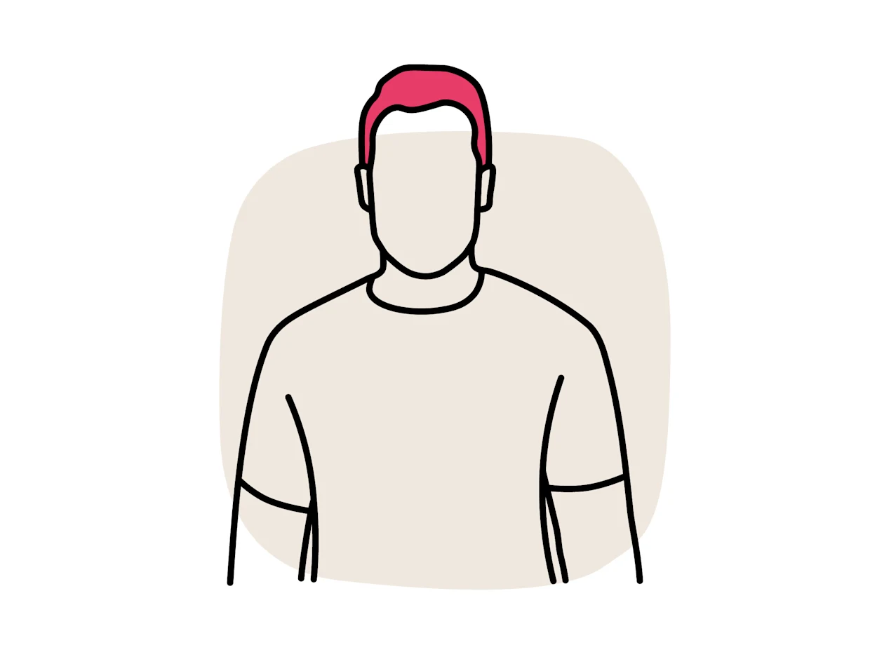 Een illustratie van een gestileerd mannelijk personage. Het personage draagt een eenvoudig T-shirt en staat frontaal op een lichte achtergrond.