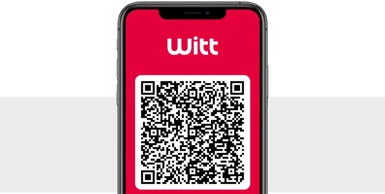 Das Bild zeigt ein Smartphone mit dem Witt Logo und einem QR-Code auf einem roten Bildschirm. Der Hintergrund ist grau und weiss. Das Bild zeigt ein Smartphone mit dem Witt Logo und einem QR-Code auf einem roten Bildschirm. Der Hintergrund ist grau und weiss.