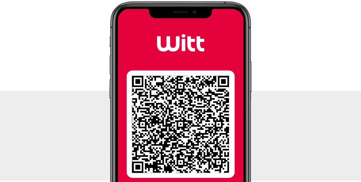 De afbeelding toont een smartphone met het Witt-logo en een QR-code op een rood scherm. De achtergrond is grijs en wit. De afbeelding toont een smartphone met het Witt-logo en een QR-code op een rood scherm. De achtergrond is grijs en wit.