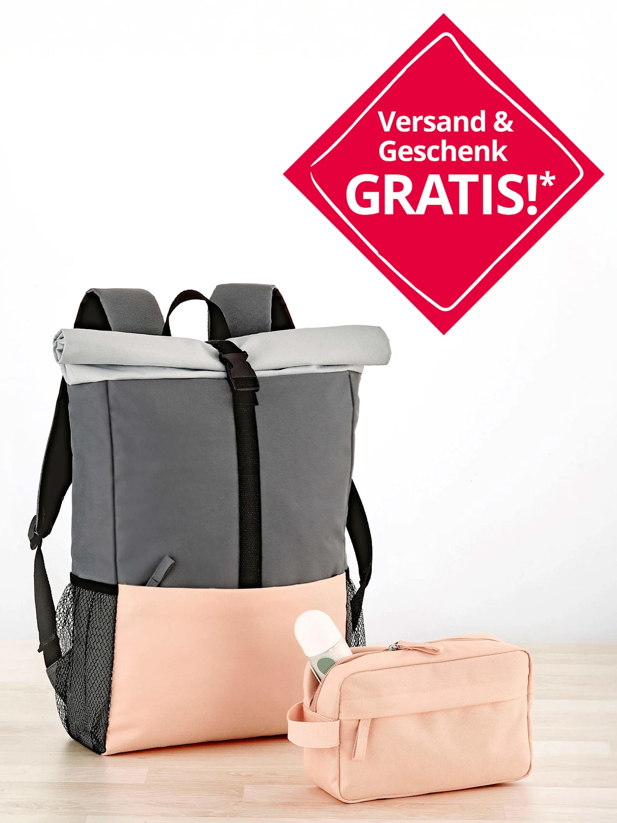 2-teiliges Set “Tamara”: Rucksack mit Kosmetiktasche; Text auf Bild: Versand & Geschenk GRATIS!* 2-teiliges Set “Tamara”: Rucksack mit Kosmetiktasche; Text auf Bild: Versand & Geschenk GRATIS!*