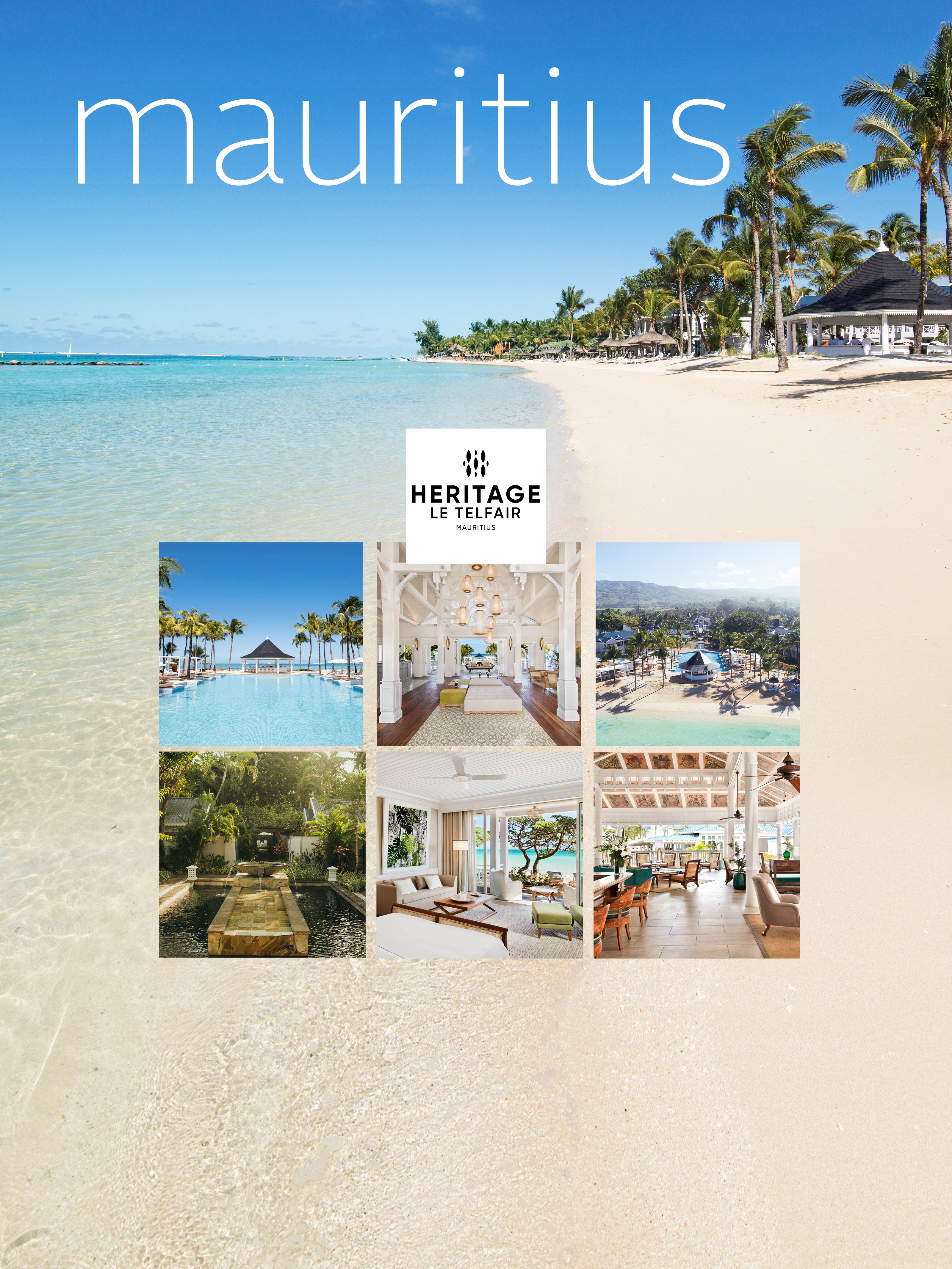 Ein tropischer Strand mit Palmen, klarem Wasser und mehreren kleinen Bildern von Hotelanlagen. Text: 'mauritius', 'HERITAGE LE TELFAIR'.