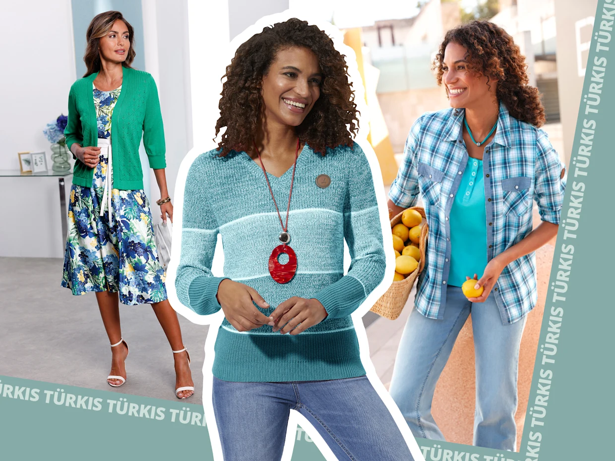 Die Collage zeigt drei Frauen in unterschiedlichen Outfits. Die linke Frau trägt einen grünen Cardigan über einem bunten Kleid mit floralem Muster. Die mittlere Frau trägt einen hellblauen Pullover mit horizontalen Streifen und eine auffällige Halskette. Die rechte Frau trägt ein kariertes Hemd in Blau und Weiß und hält eine Schüssel mit gelben Früchten. Die Collage zeigt drei Frauen in unterschiedlichen Outfits. Die linke Frau trägt einen grünen Cardigan über einem bunten Kleid mit floralem Muster. Die mittlere Frau trägt einen hellblauen Pullover mit horizontalen Streifen und eine auffällige Halskette. Die rechte Frau trägt ein kariertes Hemd in Blau und Weiß und hält eine Schüssel mit gelben Früchten.