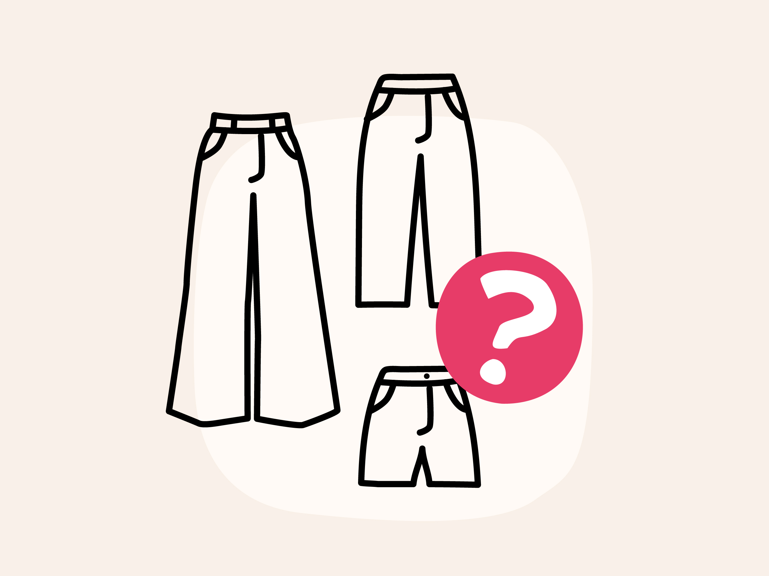 Drei Hosenformen mit pinkem Fragezeichen-Symbol.