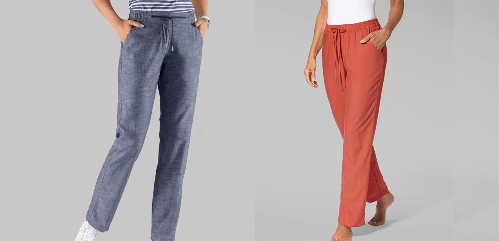 Twee damesbroeken, één in blauw en één in oranje, beide met elastische tailleband en trekkoord.