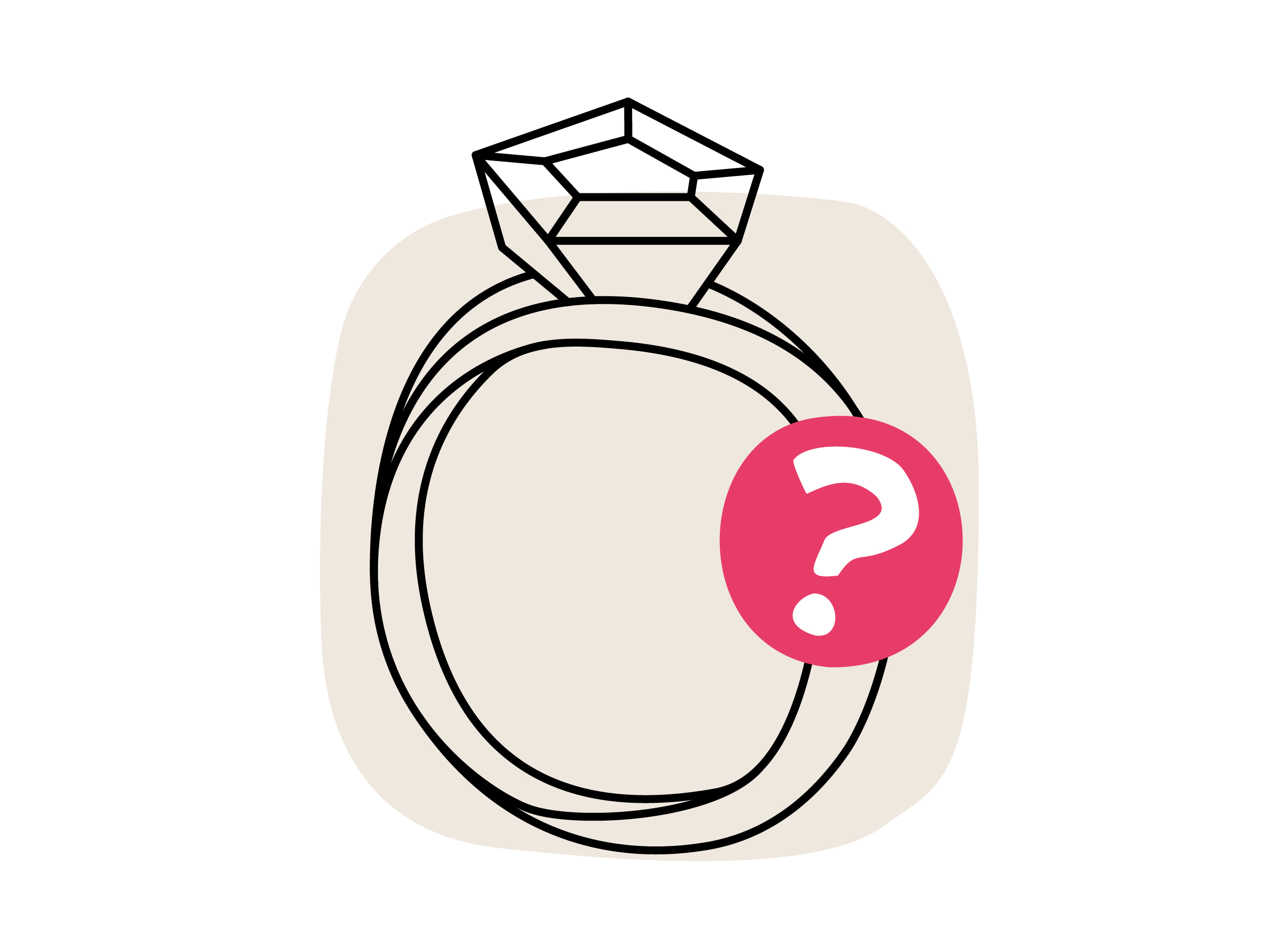 Eine Illustration, die einen stilisierten Ring auf einem hellen Hintergrund zeigt. Neben dem Ring befindet sich ein roter Kreis mit einem Fragezeichen in Weiß, der für Schmuckberatung steht.