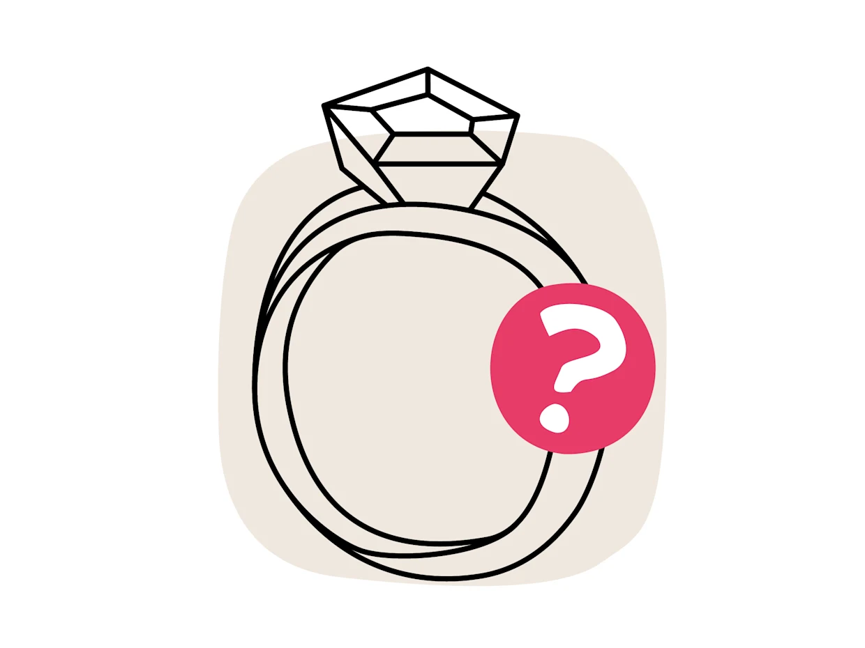 Eine Illustration, die einen stilisierten Ring auf einem hellen Hintergrund zeigt. Neben dem Ring befindet sich ein roter Kreis mit einem Fragezeichen in Weiß, der für Schmuckberatung steht.