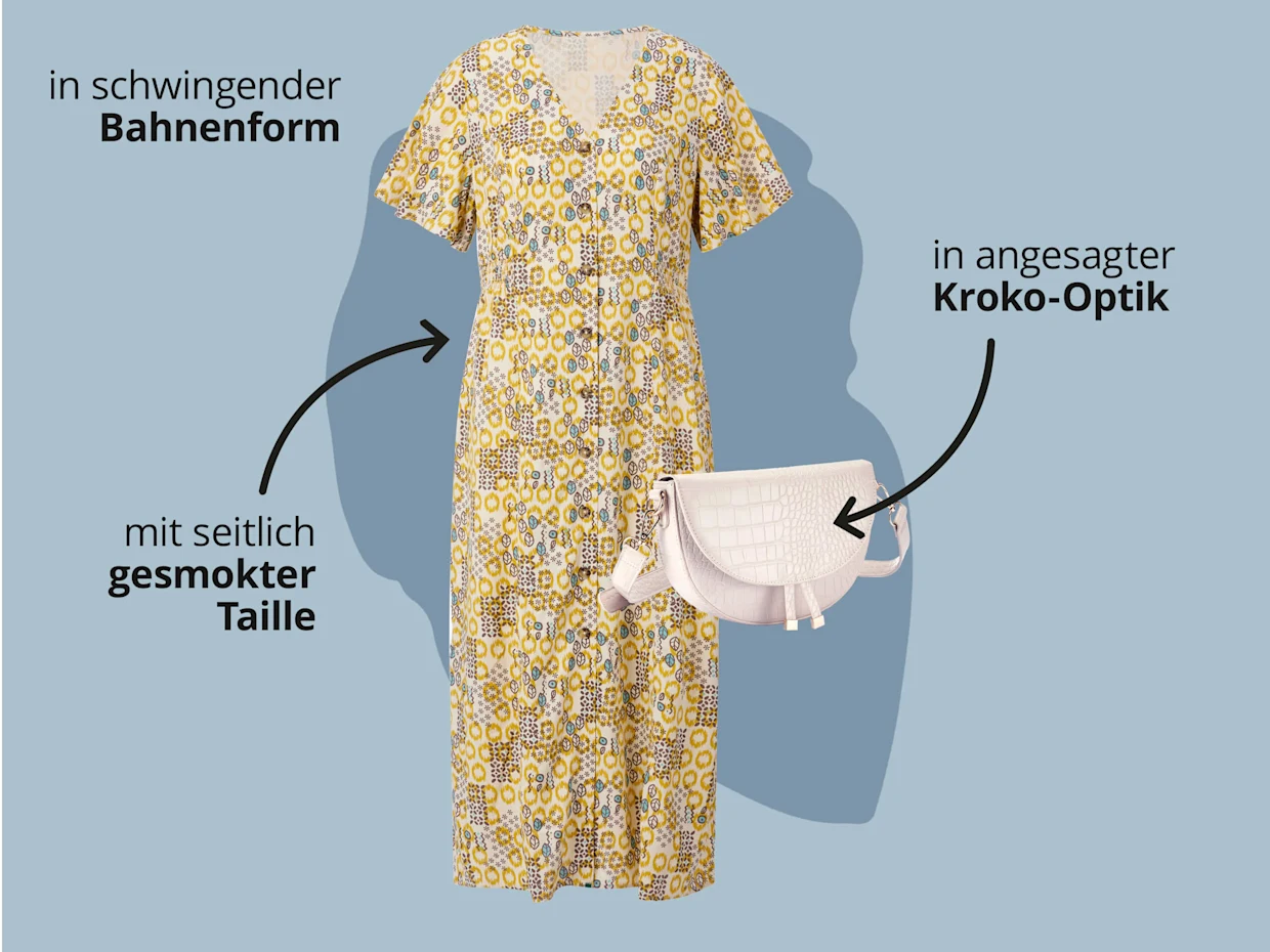 Das Bild zeigt ein gelb gemustertes Kleid und eine helle Clutch vor hellblauem Hintergrund mit schwarzem Text. Text zum Kleid: 'in schwingender Bahnenform' 'mit seitlich gesmokter Taille'. Text zur Clutch: 'in angesagter Kroko-Optik'. Das Bild zeigt ein gelb gemustertes Kleid und eine helle Clutch vor hellblauem Hintergrund mit schwarzem Text. Text zum Kleid: 'in schwingender Bahnenform' 'mit seitlich gesmokter Taille'. Text zur Clutch: 'in angesagter Kroko-Optik'.