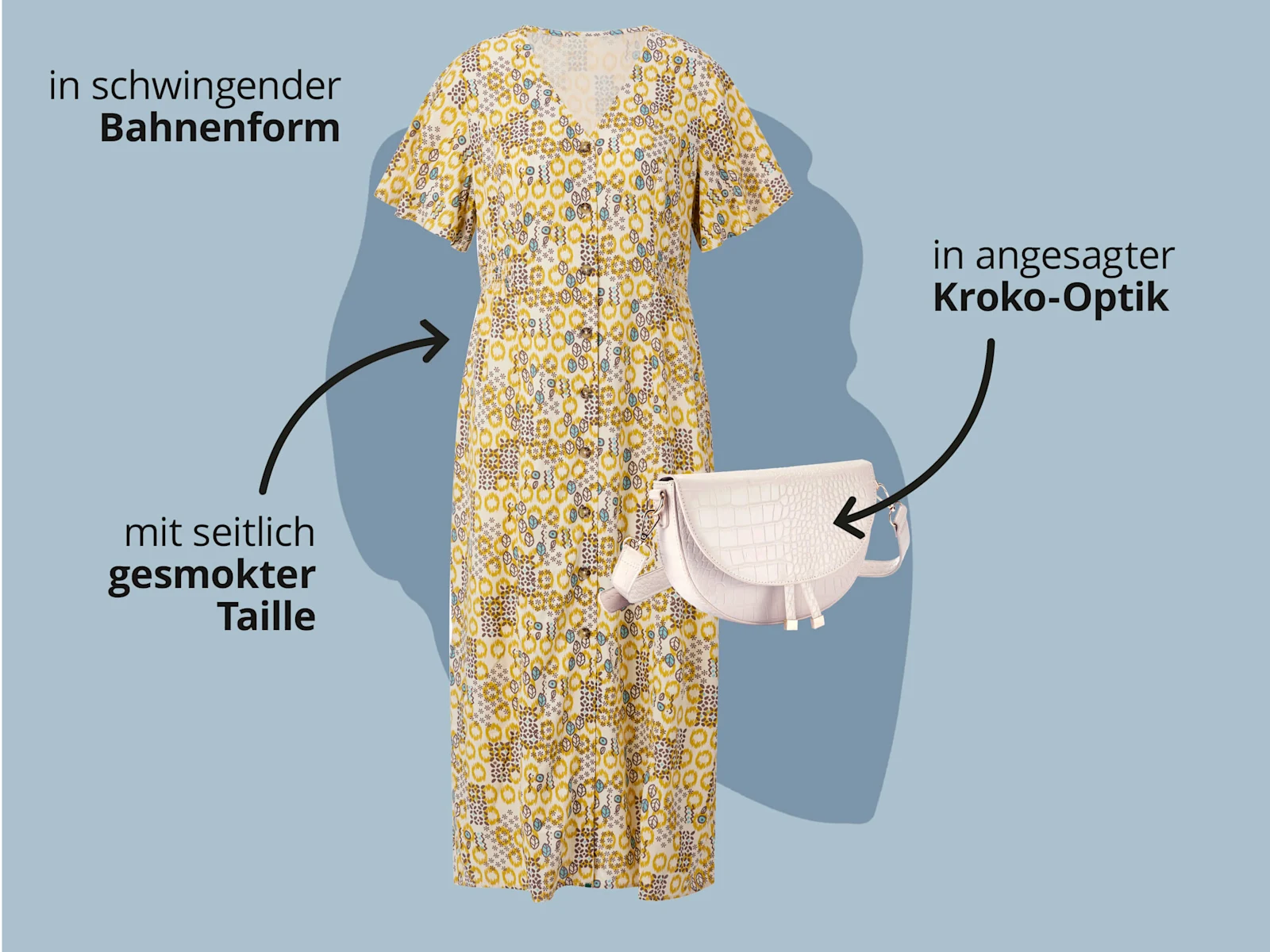 Das Bild zeigt ein gelb gemustertes Kleid und eine helle Clutch vor hellblauem Hintergrund mit schwarzem Text. Text zum Kleid: 'in schwingender Bahnenform' 'mit seitlich gesmokter Taille'. Text zur Clutch: 'in angesagter Kroko-Optik'. Das Bild zeigt ein gelb gemustertes Kleid und eine helle Clutch vor hellblauem Hintergrund mit schwarzem Text. Text zum Kleid: 'in schwingender Bahnenform' 'mit seitlich gesmokter Taille'. Text zur Clutch: 'in angesagter Kroko-Optik'.