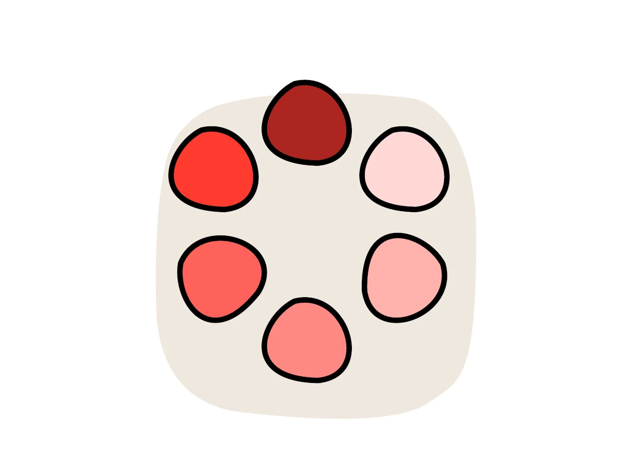 Illustration eines Farbkreises mit sechs organisch geformten Segmenten in roten Abstufungen.