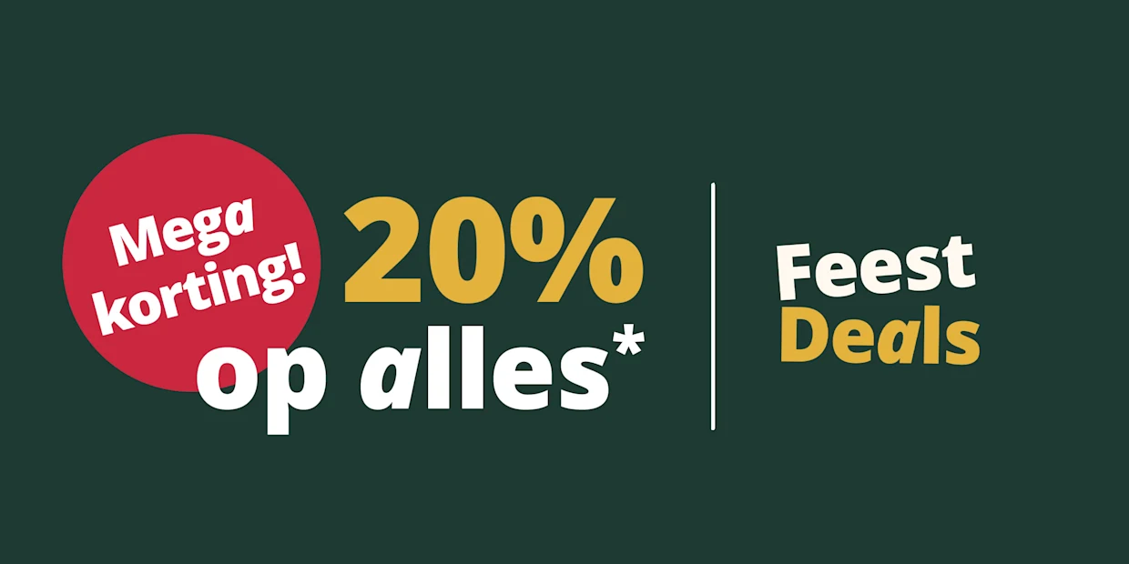 Een advertentie met de tekst 'Mega korting! 20% op alles* Feest Deals'. De achtergrond is donkergroen, links staat een rode cirkel met witte letters, de rest van de tekst is in wit en goud en staat in het midden.