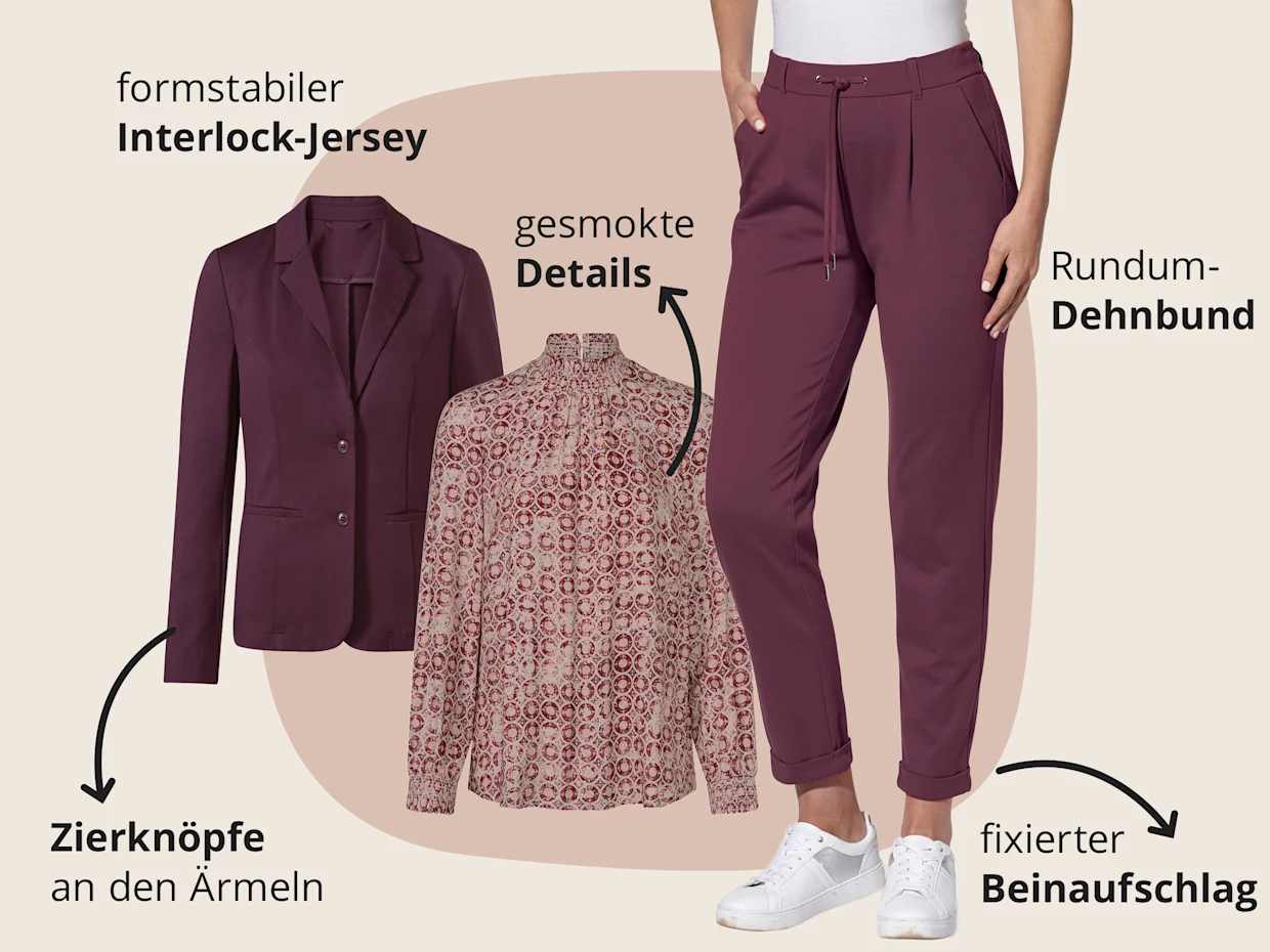 Ein Collage-Bild zeigt drei Kleidungsstücke: einen weinroten Blazer aus formstabilem Interlock-Jersey mit Zierknöpfen an den Ärmeln, eine gemusterte Bluse mit gesmokten Details und eine weinrote Hose mit Rundum-Dehnbund und fixiertem Beinaufschlag. Ein Collage-Bild zeigt drei Kleidungsstücke: einen weinroten Blazer aus formstabilem Interlock-Jersey mit Zierknöpfen an den Ärmeln, eine gemusterte Bluse mit gesmokten Details und eine weinrote Hose mit Rundum-Dehnbund und fixiertem Beinaufschlag.
