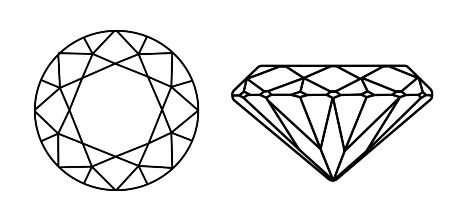 Illustratie van een ronde diamant en een diamant in zijaanzicht, beide met geometrische lijnen. Illustratie van een ronde diamant en een diamant in zijaanzicht, beide met geometrische lijnen.