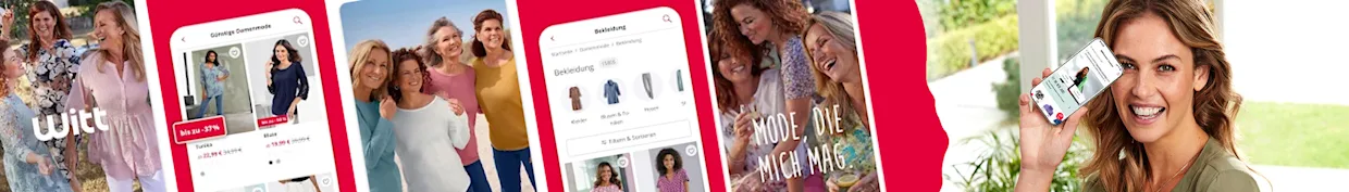 Smartphone zeigt die Otto Group Shopping-App mit intuitiver Navigation und personalisierten Empfehlungen. Im Hintergrund sind verschiedene Ansichten der App, die das Online-Shopping-Erlebnis betonen.