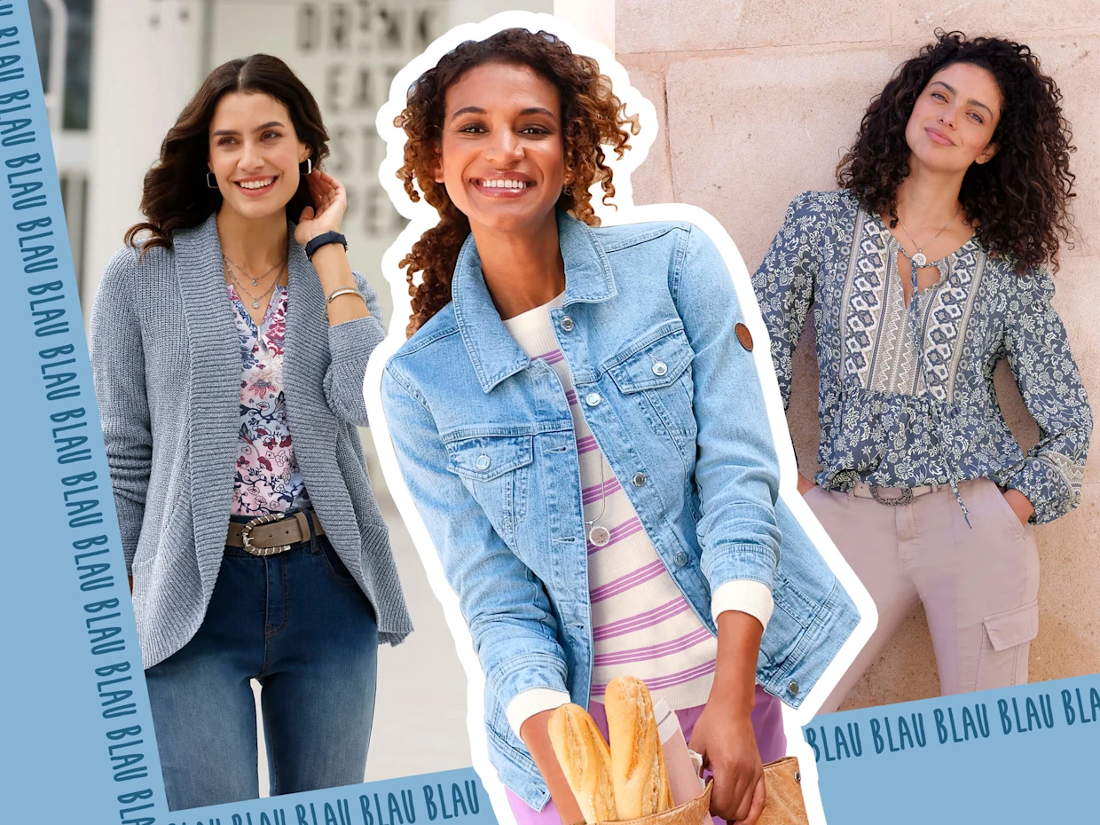 Collage mit drei Models: Das Model auf der linken Seite trägt eine rauchblau-melierte Strickjacke, das Model in der Mitte trägt eine blue-bleached Jeansjacke mit Knopfmanschetten und das Model auf der rechten Seite trägt eine rauchblau-champagner-bedruckte Bluse in Tunikaform.
. Collage mit drei Models: Das Model auf der linken Seite trägt eine rauchblau-melierte Strickjacke, das Model in der Mitte trägt eine blue-bleached Jeansjacke mit Knopfmanschetten und das Model auf der rechten Seite trägt eine rauchblau-champagner-bedruckte Bluse in Tunikaform.
.