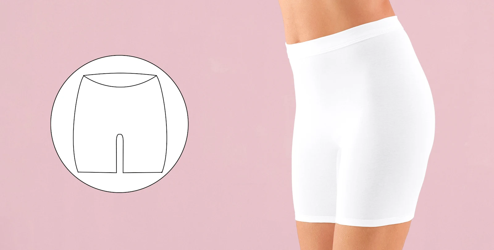 Weiße Damen-Unterhose in Shorts-Form aus elastischem Material, mit Detailzeichnung der Schnittform, vor rosa Hintergrund.