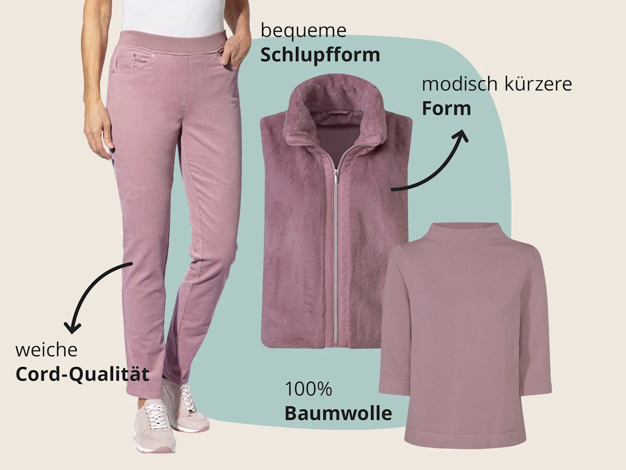 Eine Frau trägt eine rosa Cordhose und helle Sneaker. Daneben sind eine rosa Kunstfellweste mit Reißverschluss und ein rosa Langarmshirt mit Stehkragen abgebildet. Texte heben die weiche Cord-Qualität und die bequeme Schlupfform der Hose, die modisch kürzere Form der Weste sowie die 100% Baumwolle des Oberteils hervor. Eine Frau trägt eine rosa Cordhose und helle Sneaker. Daneben sind eine rosa Kunstfellweste mit Reißverschluss und ein rosa Langarmshirt mit Stehkragen abgebildet. Texte heben die weiche Cord-Qualität und die bequeme Schlupfform der Hose, die modisch kürzere Form der Weste sowie die 100% Baumwolle des Oberteils hervor.
