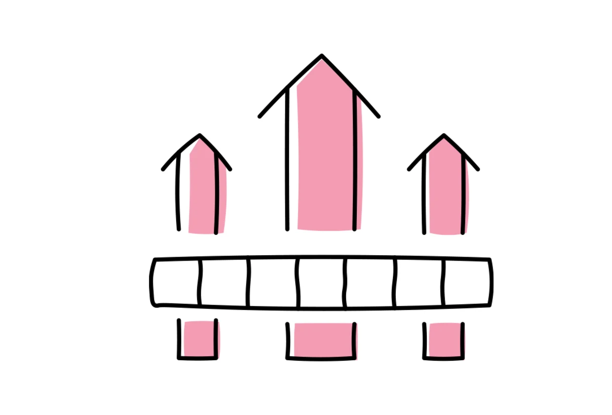 Illustration von drei nach oben gerichteten rosa Pfeilen unterschiedlicher Größe, verbunden durch ein Rechteck mit mehreren Segmenten. Illustration von drei nach oben gerichteten rosa Pfeilen unterschiedlicher Größe, verbunden durch ein Rechteck mit mehreren Segmenten.