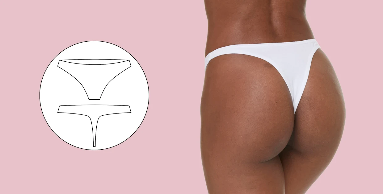 Rückansicht einer Person mit dunkler Haut, die einen weißen Tanga trägt, auf rosa Hintergrund; daneben eine schwarz-weiße Skizze des Tangas.