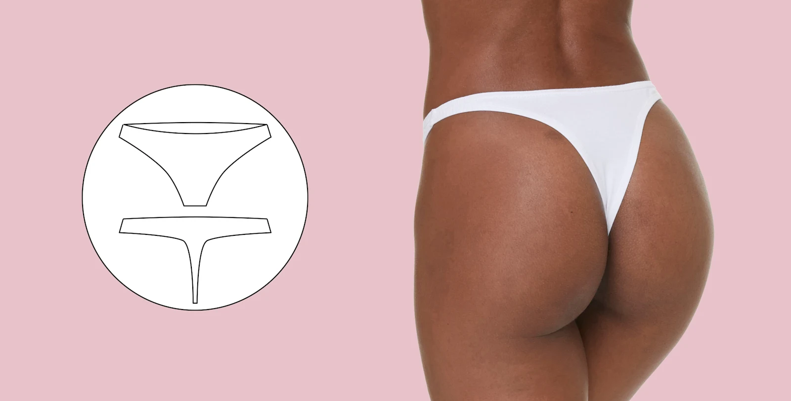 Rückansicht einer Person mit dunkler Haut, die einen weißen Tanga trägt, auf rosa Hintergrund; daneben eine schwarz-weiße Skizze des Tangas.