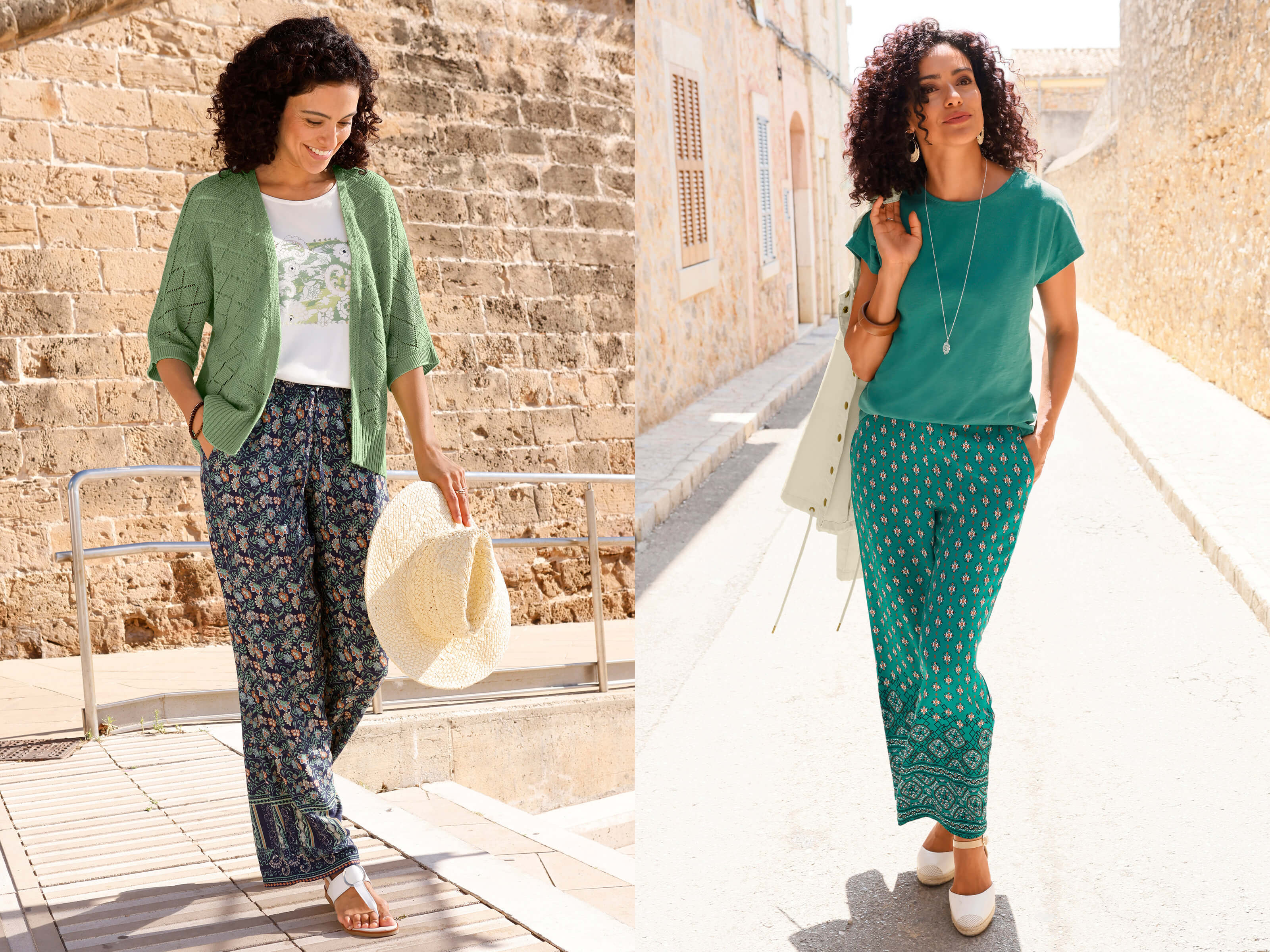 Das Bild ist zweigeteilt, es sind zwei Models in sommerlichen Outfits zu sehen: Das Model links trägt eine grüne Strickjacke mit gemusterten Hosen, das Model rechts trägt ein grünes T-Shirt mit grün gemusterten Hosen.