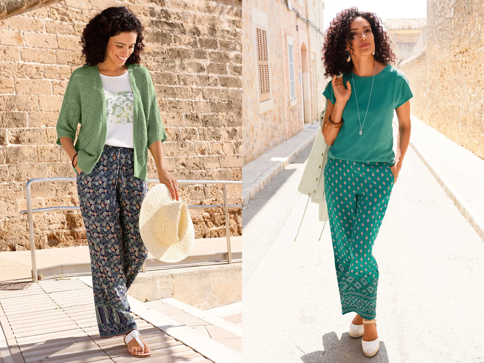 Das Bild ist zweigeteilt, es sind zwei Models in sommerlichen Outfits zu sehen: Das Model links trägt eine grüne Strickjacke mit gemusterten Hosen, das Model rechts trägt ein grünes T-Shirt mit grün gemusterten Hosen.