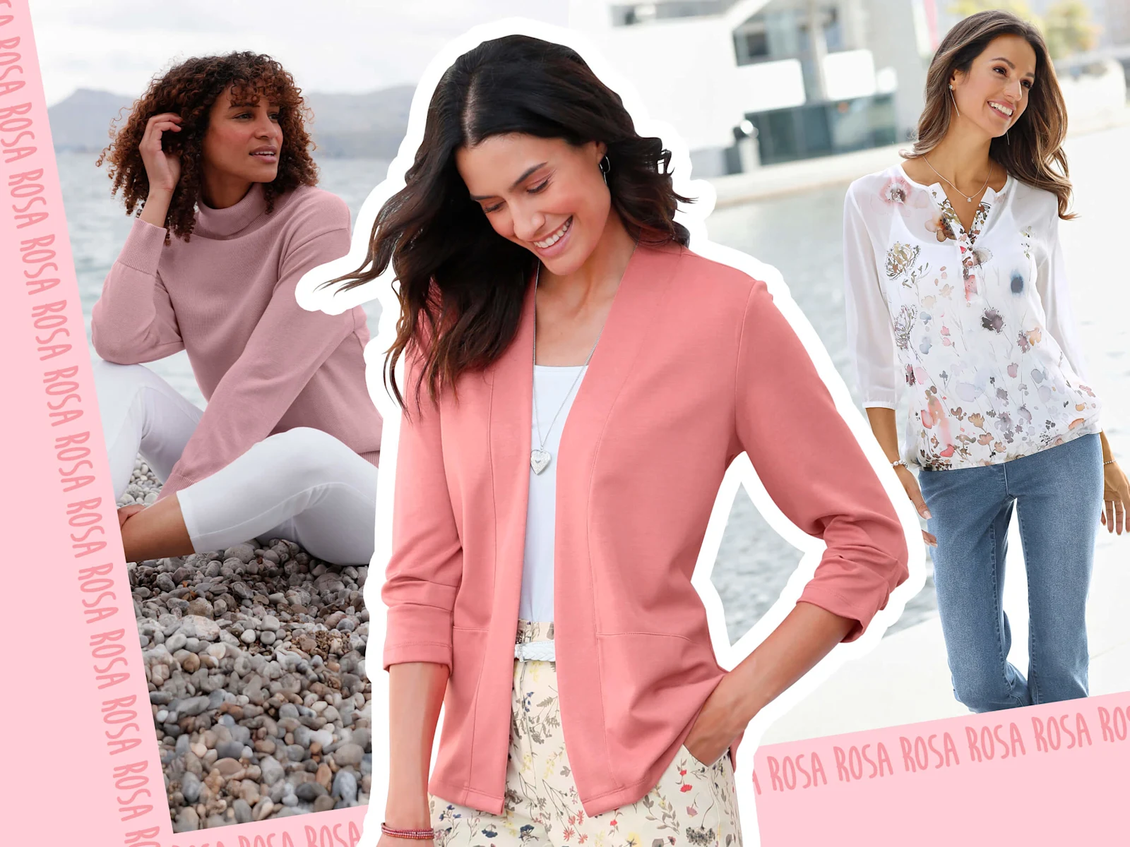 Collage mit drei Models: Das Model auf der linken Seite trägt einen rosenholz-farbenen Rollkragenpullover, das Model in der Mitte trägt eine flamingo-farbene Shirtjacke mit gerafften Ärmeln und das Model auf der rechten Seite trägt eine ecru-bedruckte Schlupfbluse mit Spaghetti-Top. Collage mit drei Models: Das Model auf der linken Seite trägt einen rosenholz-farbenen Rollkragenpullover, das Model in der Mitte trägt eine flamingo-farbene Shirtjacke mit gerafften Ärmeln und das Model auf der rechten Seite trägt eine ecru-bedruckte Schlupfbluse mit Spaghetti-Top.