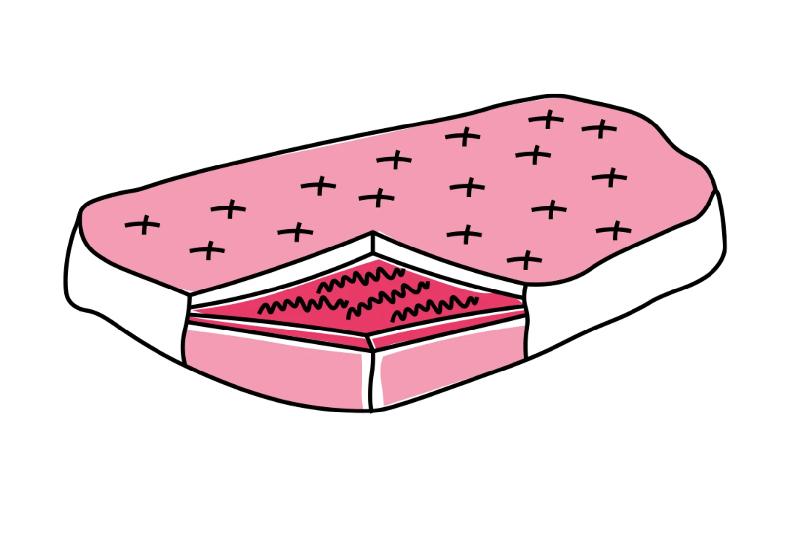 Illustration einer rosafarbenen Matratze mit aufgeschnittenem Teil, das die innere Schicht zeigt, umgeben von einem weißen Rand. Illustration einer rosafarbenen Matratze mit aufgeschnittenem Teil, das die innere Schicht zeigt, umgeben von einem weißen Rand.