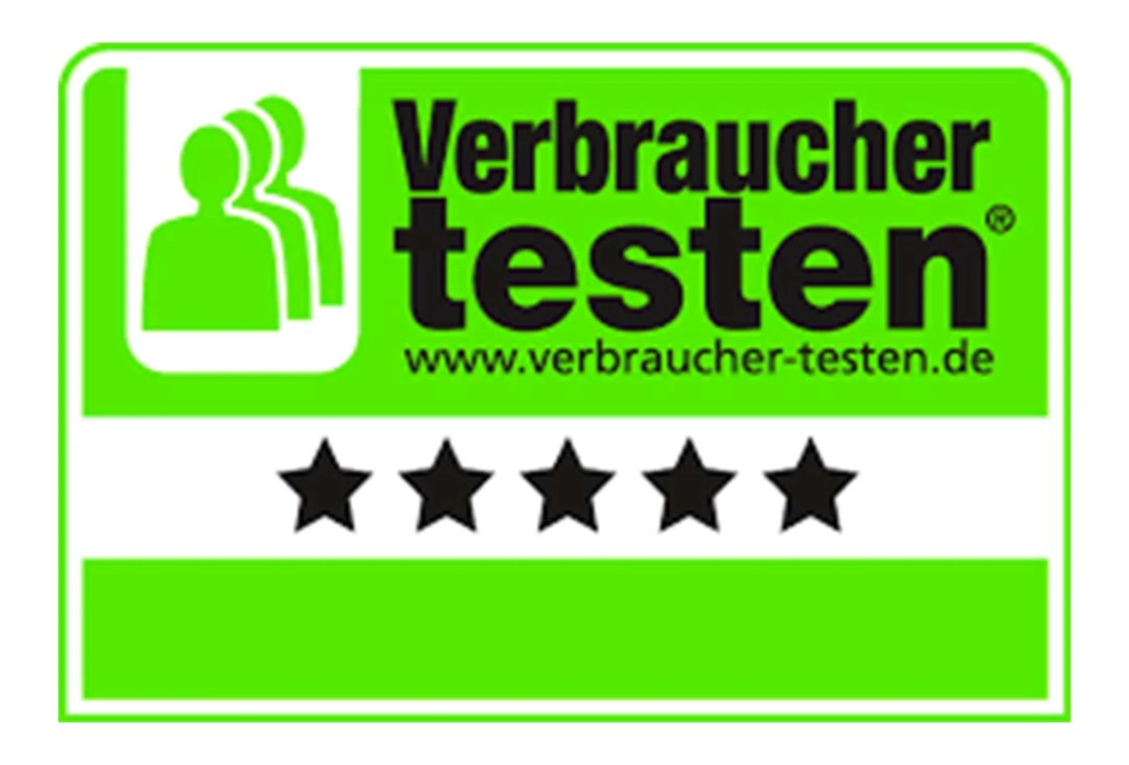 "Logo von Verbraucher testen mit grünem Hintergrund, schwarzem Schriftzug und fünf schwarzen Sternen darunter." "Logo von Verbraucher testen mit grünem Hintergrund, schwarzem Schriftzug und fünf schwarzen Sternen darunter."