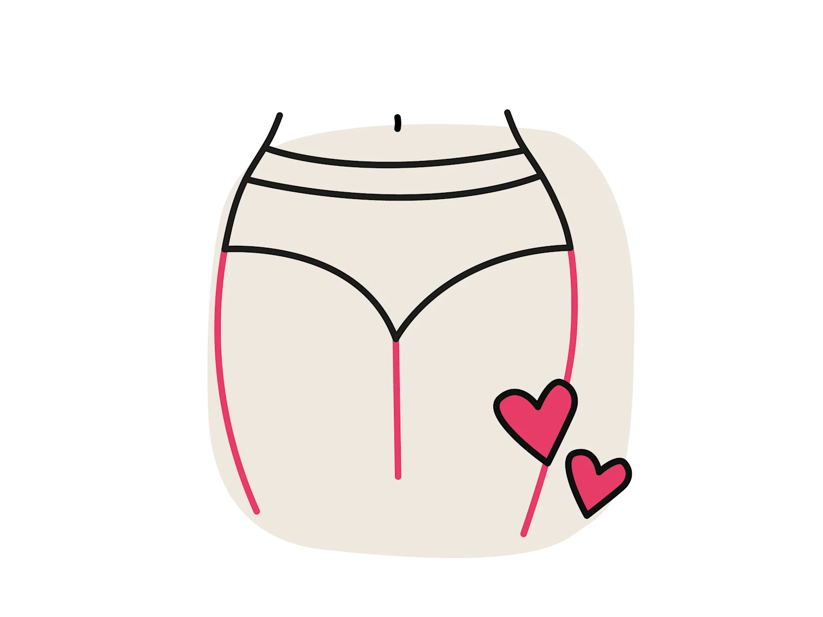 Illustration einer Hüftpartie in Unterwäsche: Rote Linien markieren die Außen- und Innenseiten der Oberschenkel.