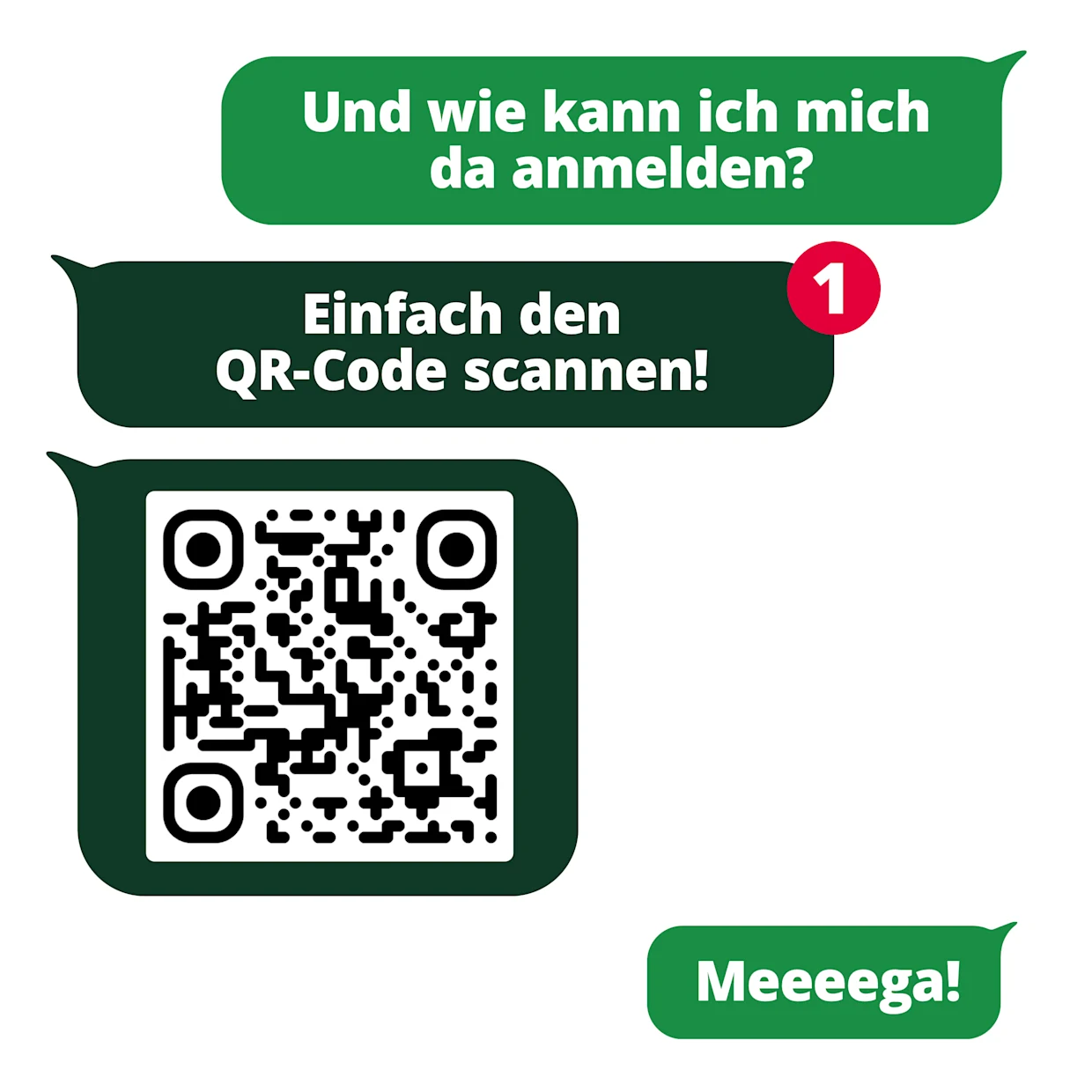 Chat-Verlauf im WhatsApp-Stil mit QR-Code zur Anmeldung, grüne Sprechblasen auf weißem Hintergrund. Chat-Verlauf im WhatsApp-Stil mit QR-Code zur Anmeldung, grüne Sprechblasen auf weißem Hintergrund.