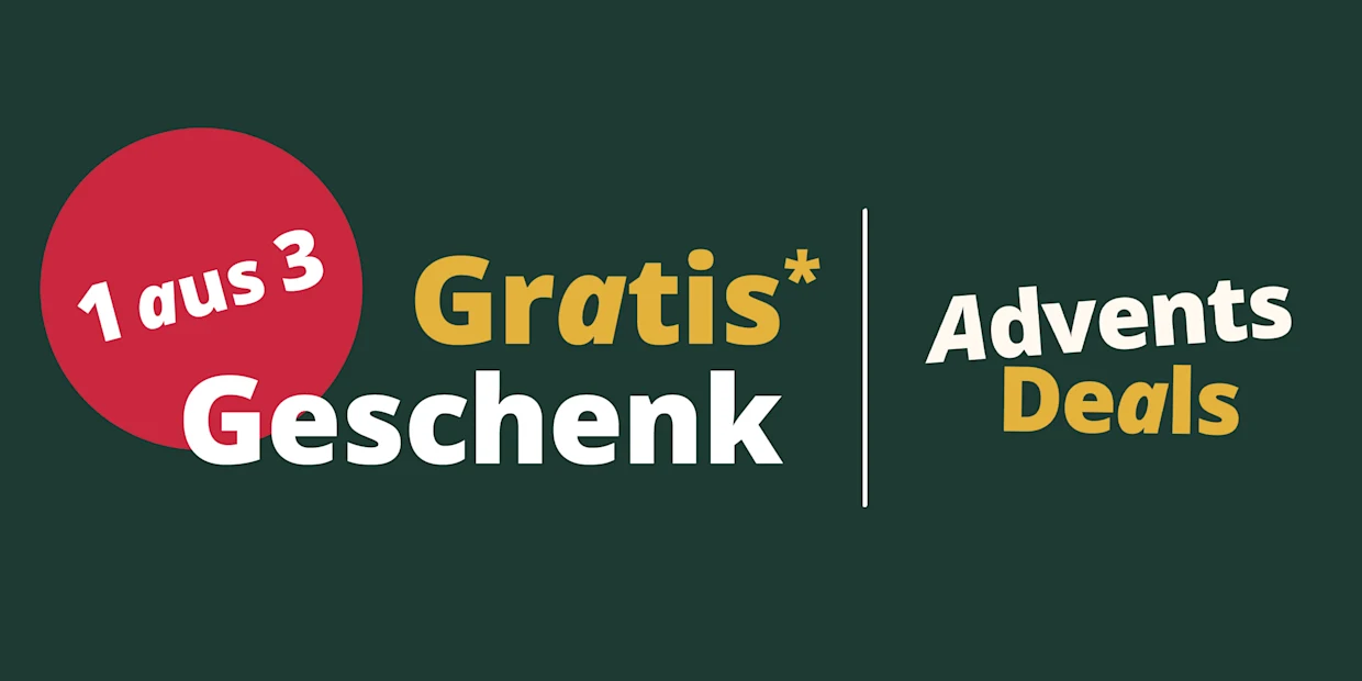 Witt Advents-Deals Banner: Schriftzug „Gratis Geschenk“ und roter Kreis mit „1 aus 3“ auf dunkelgrünem Grund.