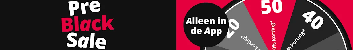 'Witt Pre Black Sale'-logo en een rad van fortuin met kortingen van '20% tot 50% op sale' en de vermelding 'Alleen in de app'.