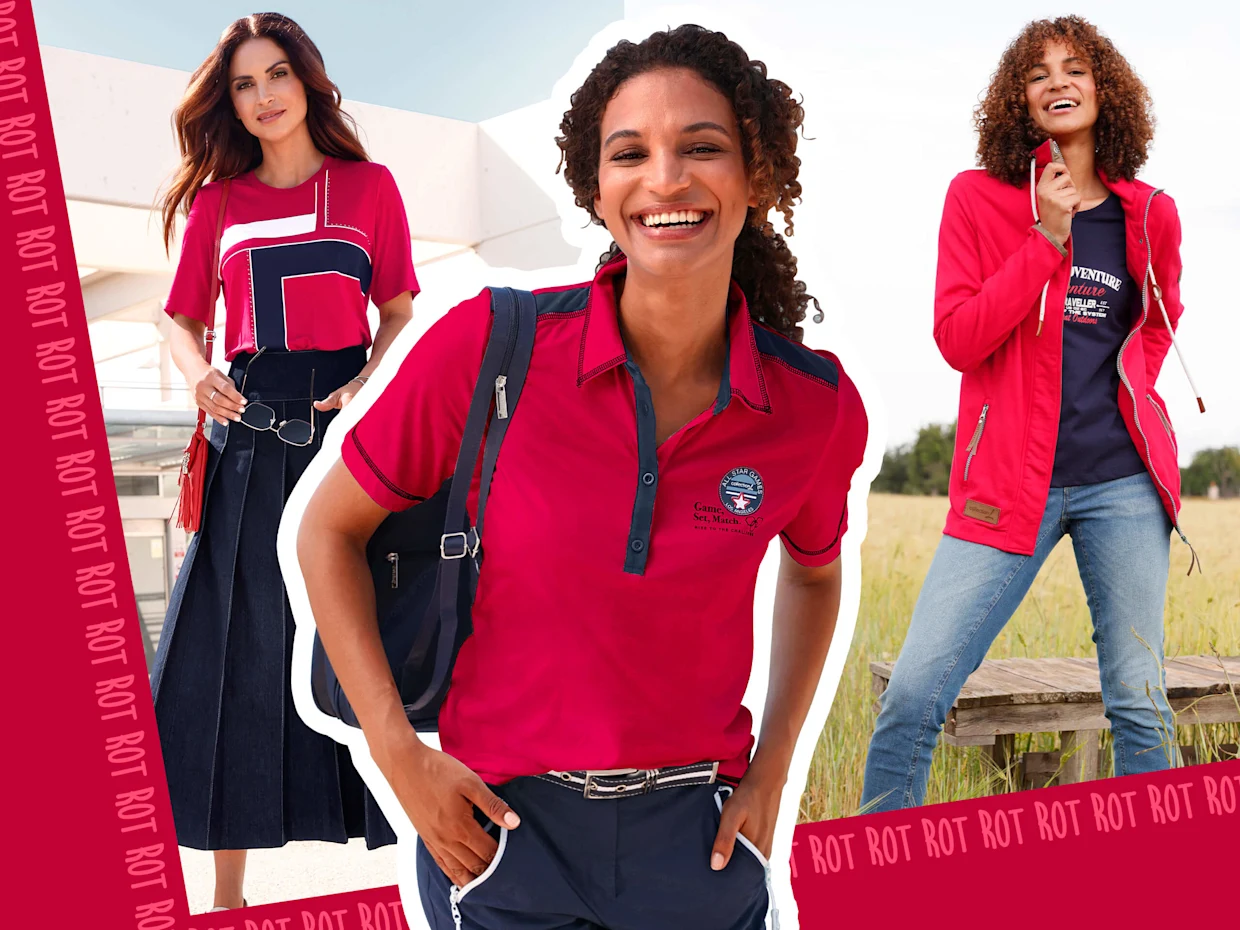 Collage mit drei Models: Das Model auf der linken Seite trägt ein marine-rot-bedrucktes Kurzarmshirt mit Steinchen-Verzierung, das Model in der Mitte trägt ein rotes Shirt mit Kontrast-Details und das Model auf der rechten Seite trägt eine rote Sweatjacke mit Paspeln aus Leder-Imitat. Collage mit drei Models: Das Model auf der linken Seite trägt ein marine-rot-bedrucktes Kurzarmshirt mit Steinchen-Verzierung, das Model in der Mitte trägt ein rotes Shirt mit Kontrast-Details und das Model auf der rechten Seite trägt eine rote Sweatjacke mit Paspeln aus Leder-Imitat.