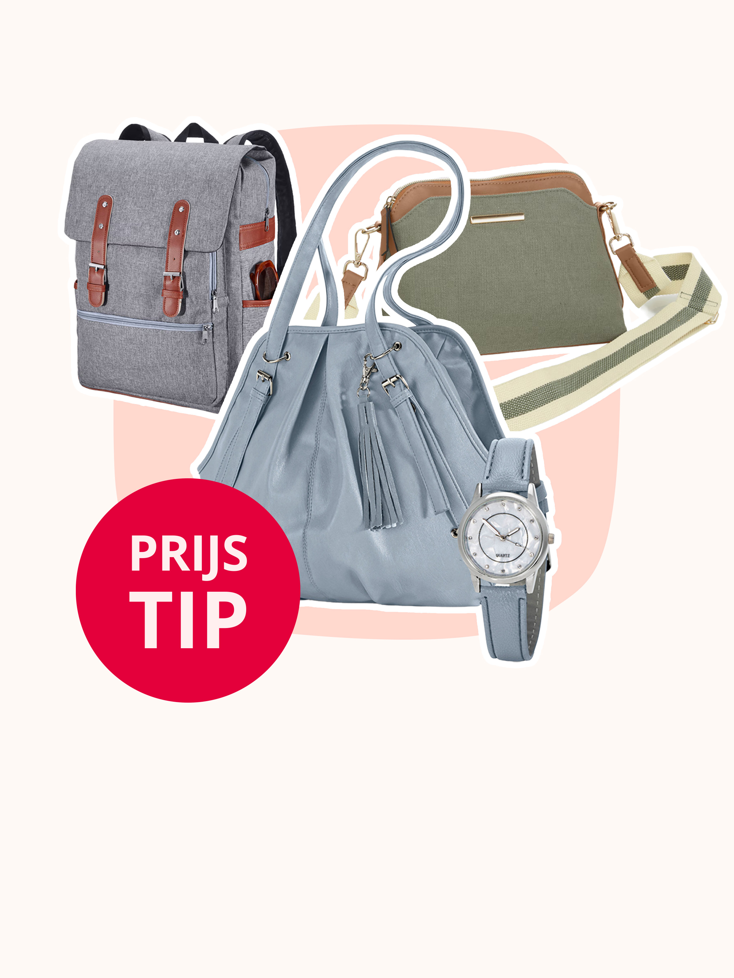 Grijze rugzak, lichtblauwe handtas, olijfgroene schoudertas en een polshorloge. Rode cirkel met tekst: „Prijs Tip“.